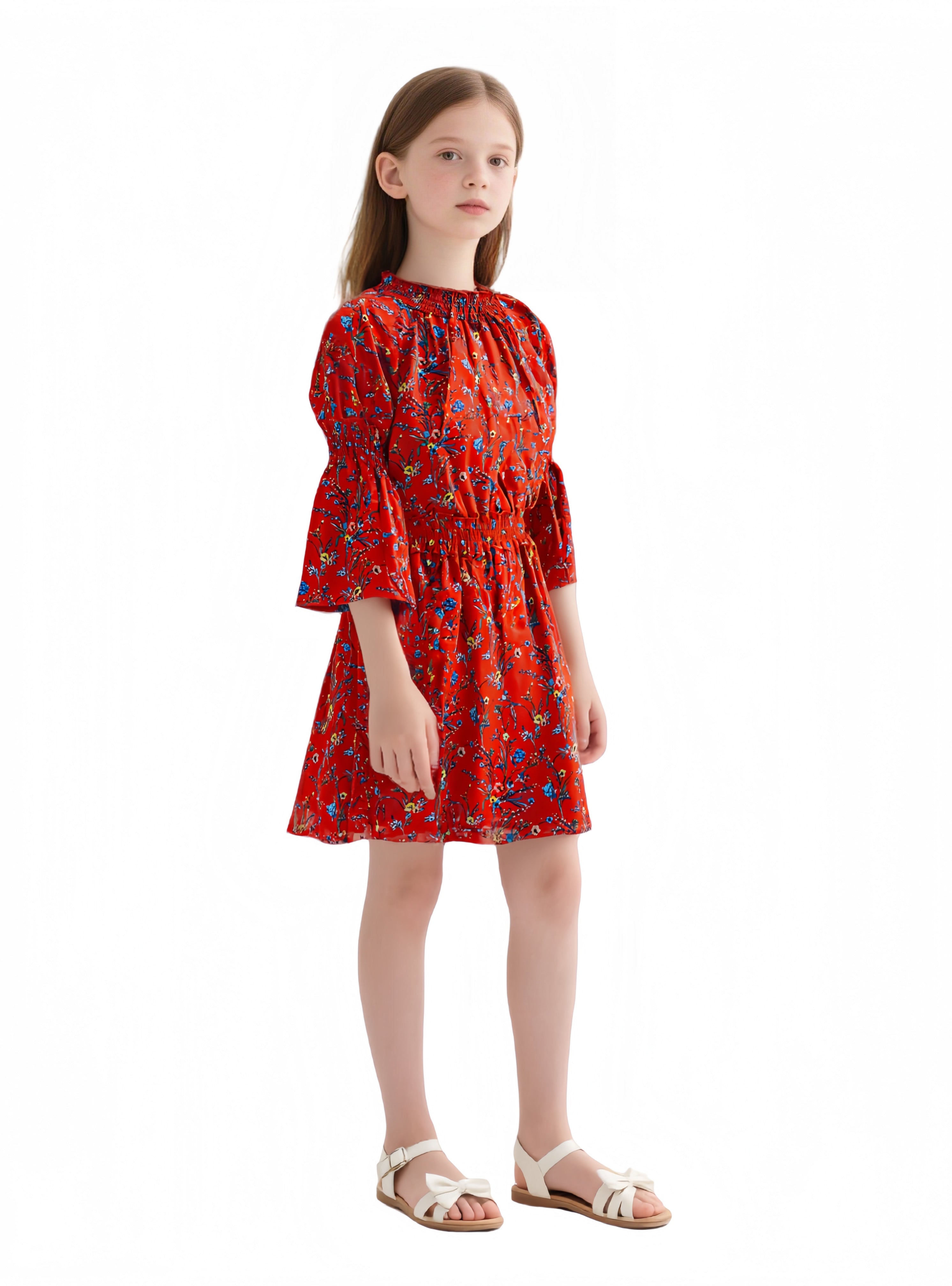 EDGY BUBBLE Girls Floral Dress – Smocked Waist 3/4 Sleeve Casual Midi Outfit Cherry Red