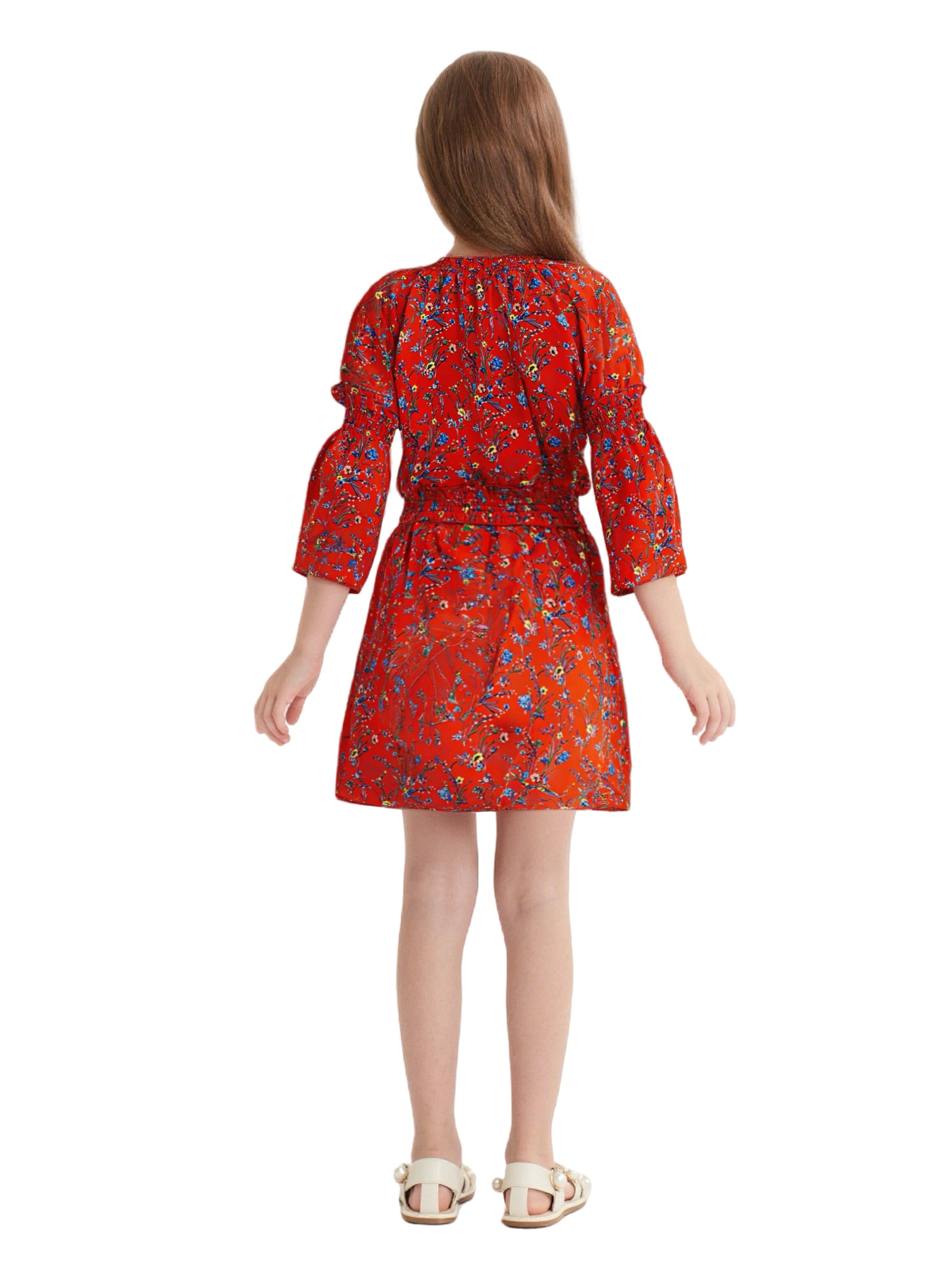 EDGY BUBBLE Girls Floral Dress – Smocked Waist 3/4 Sleeve Casual Midi Outfit Cherry Red