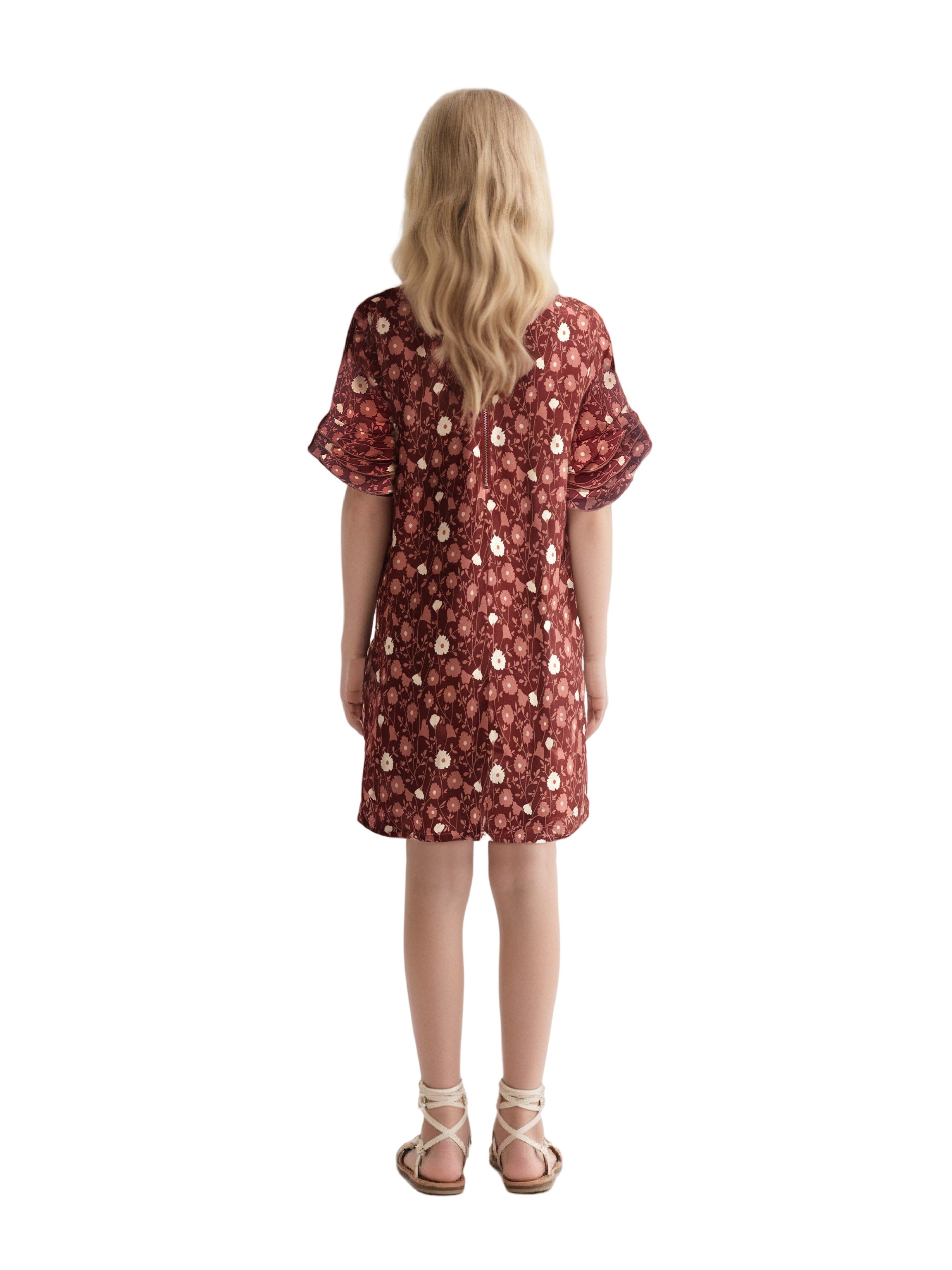 EDGY BUBBLE Girls Floral Ruffle Sleeve Dress – Flower Print Casual Party Outfit with Back Zipper Brick Red