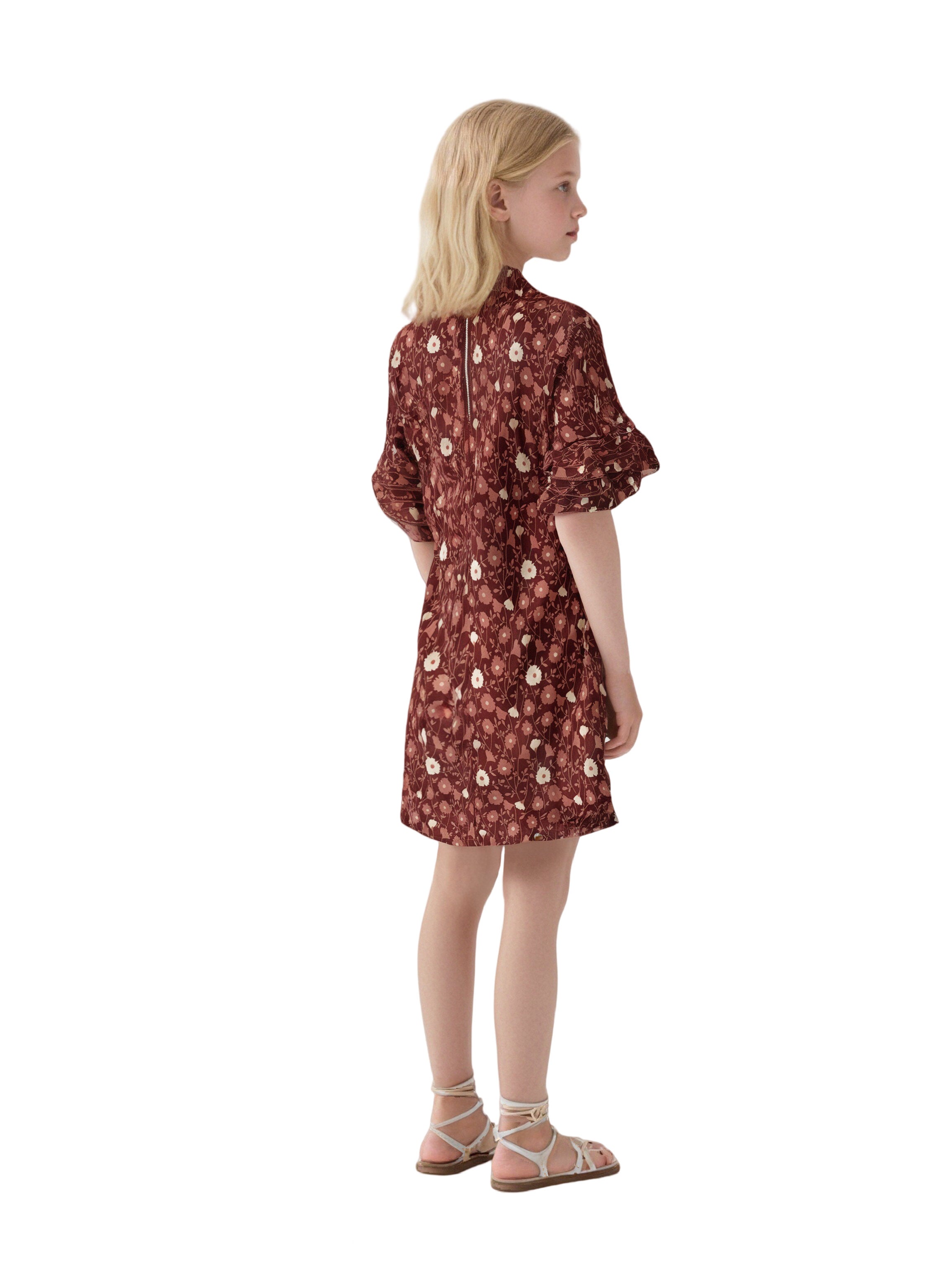 EDGY BUBBLE Girls Floral Ruffle Sleeve Dress – Flower Print Casual Party Outfit with Back Zipper Brick Red
