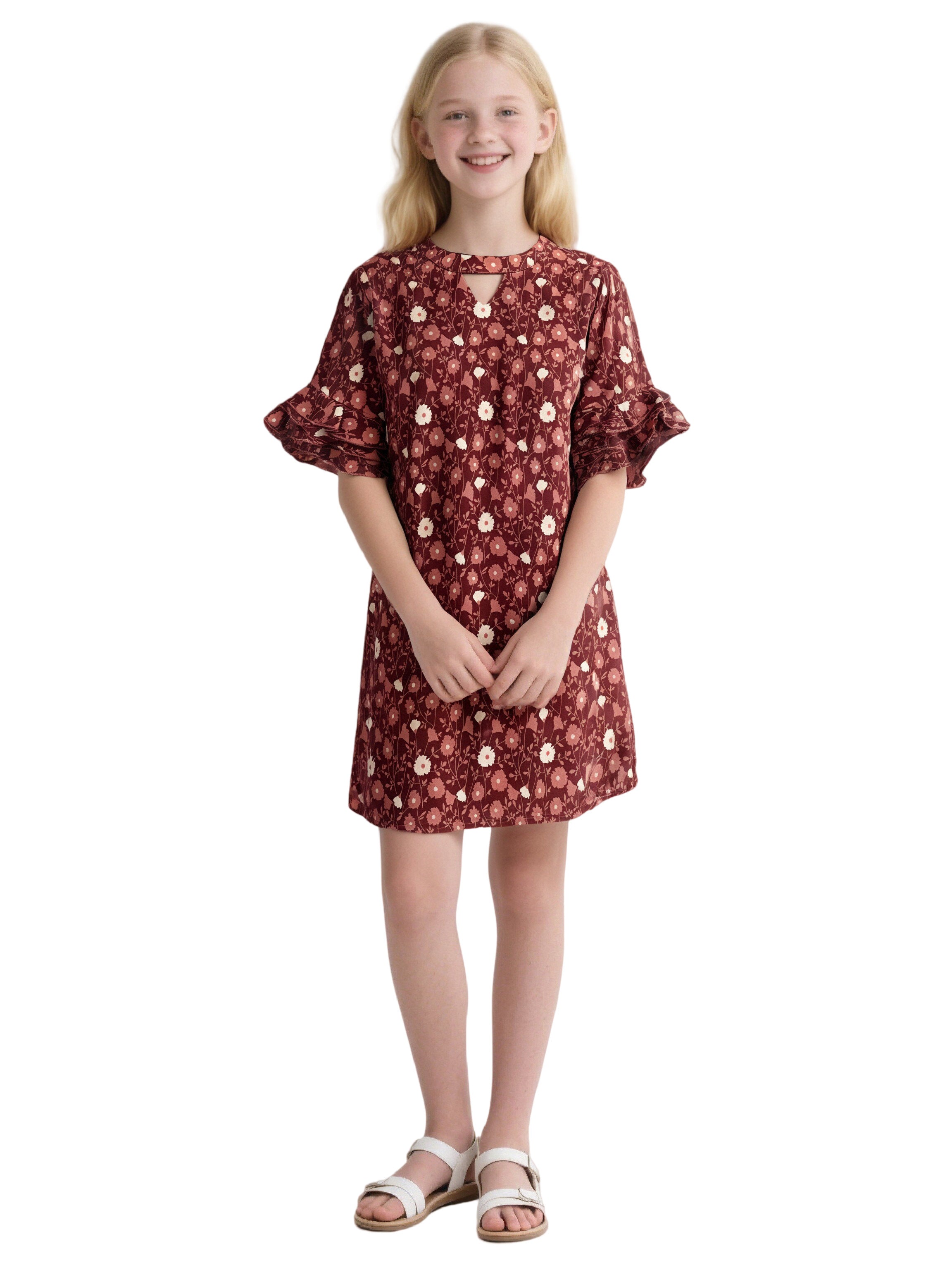 EDGY BUBBLE Girls Floral Ruffle Sleeve Dress – Flower Print Casual Party Outfit with Back Zipper Brick Red