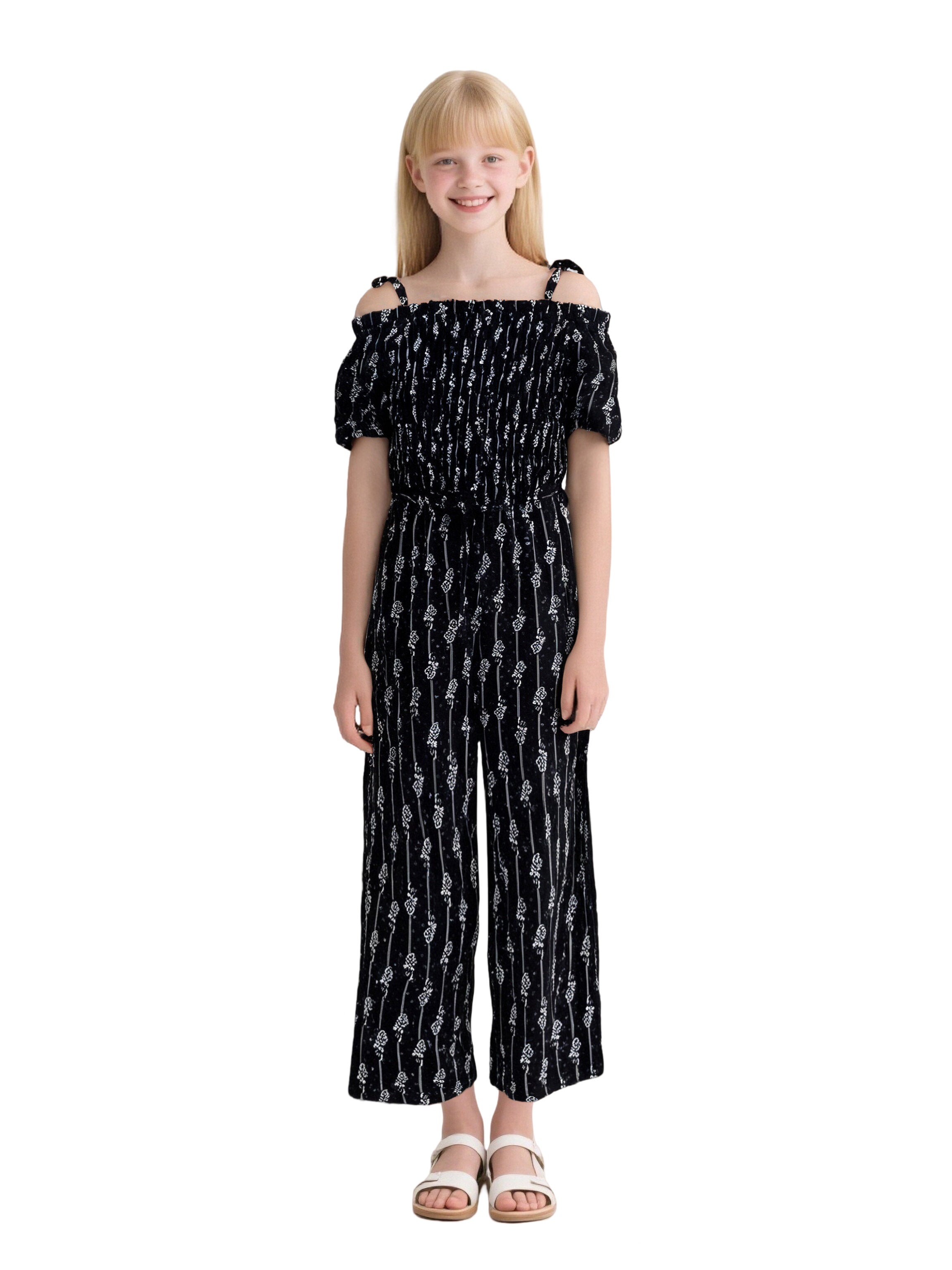 EDGY BUBBLE Girls' Shoulder Cut-Out Belted Jumpsuit – Chic Wide-Leg Style Black