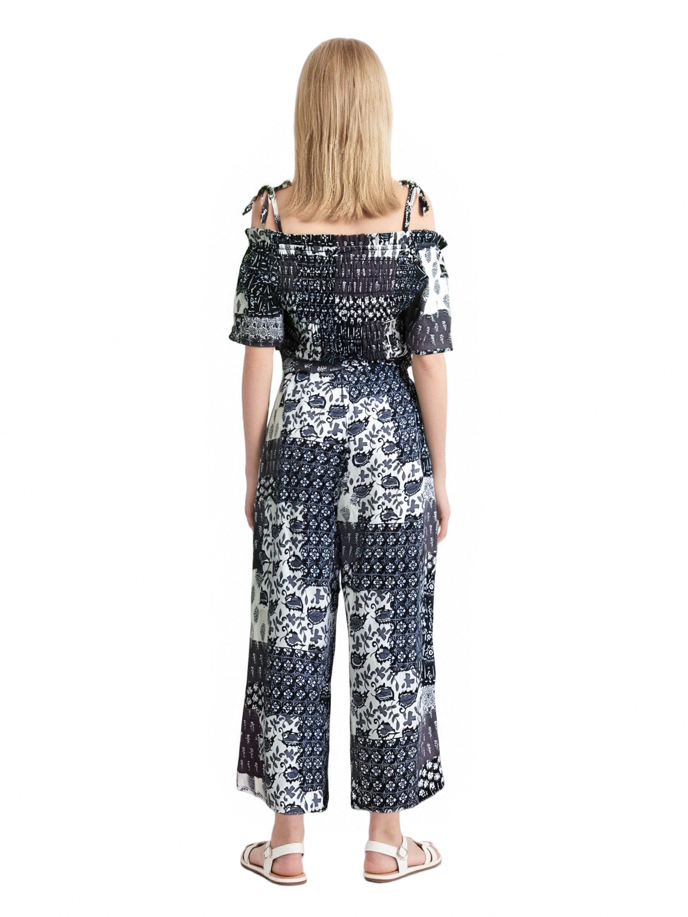 EDGY BUBBLE Girls Smocked Patchwork Jumpsuit – Boho Strappy Wide-Leg Summer Outfit Indigo