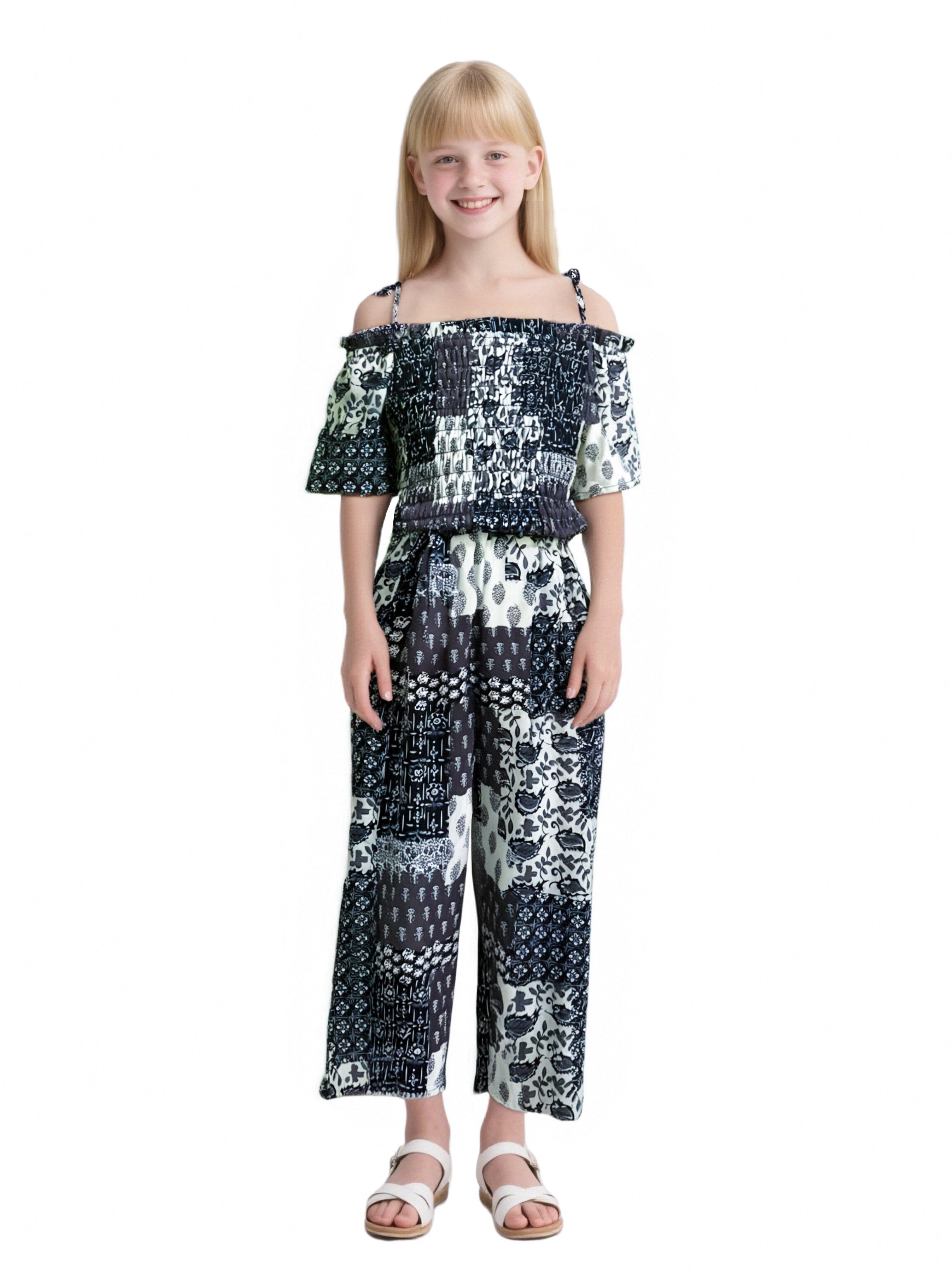 EDGY BUBBLE Girls Smocked Patchwork Jumpsuit – Boho Strappy Wide-Leg Summer Outfit Indigo