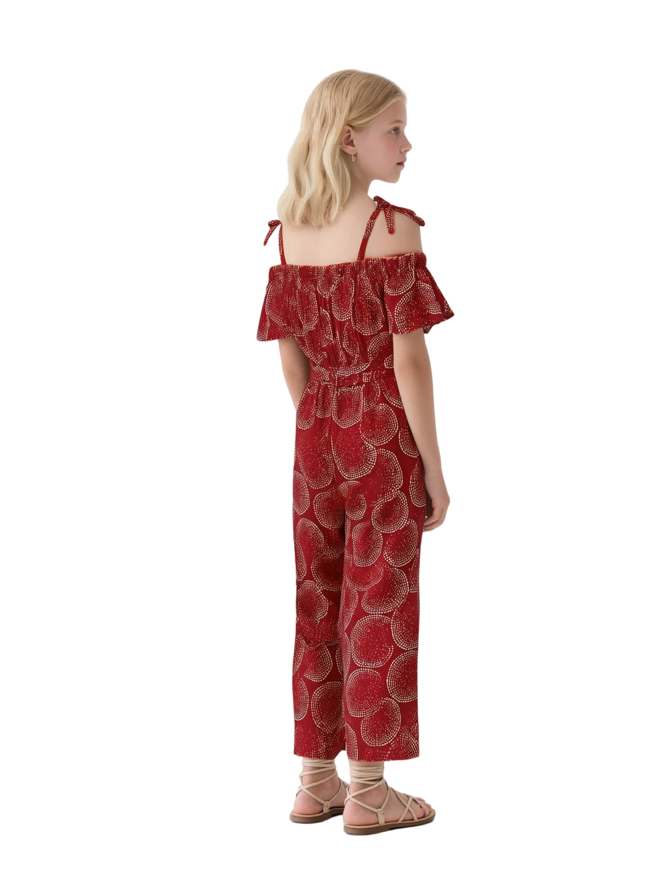 EDGY BUBBLE Girls Off-Shoulder Smocked Jumpsuit – Wide-Leg Belted Boho Summer Outfit Crimson