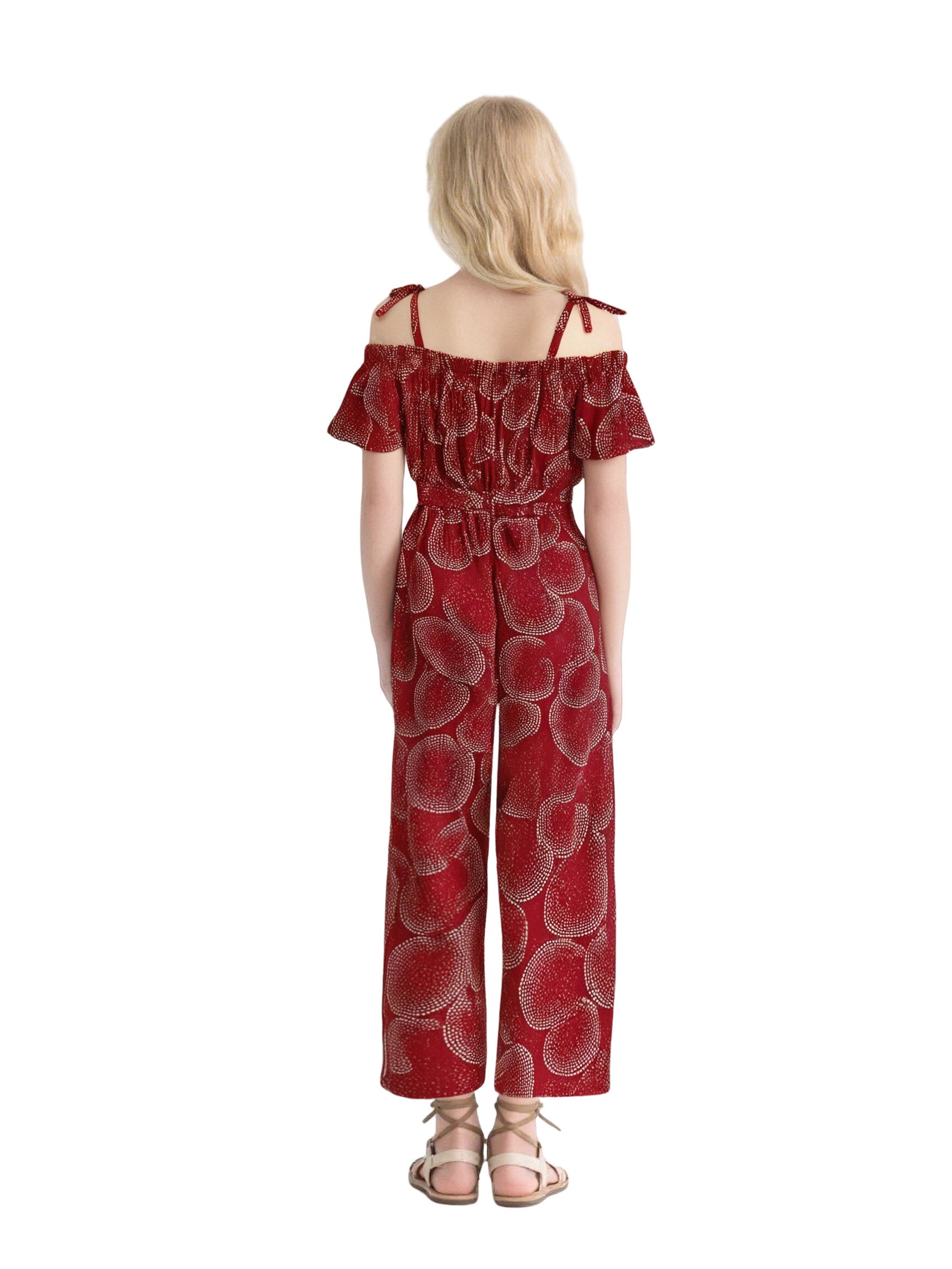 EDGY BUBBLE Girls Off-Shoulder Smocked Jumpsuit – Wide-Leg Belted Boho Summer Outfit Crimson