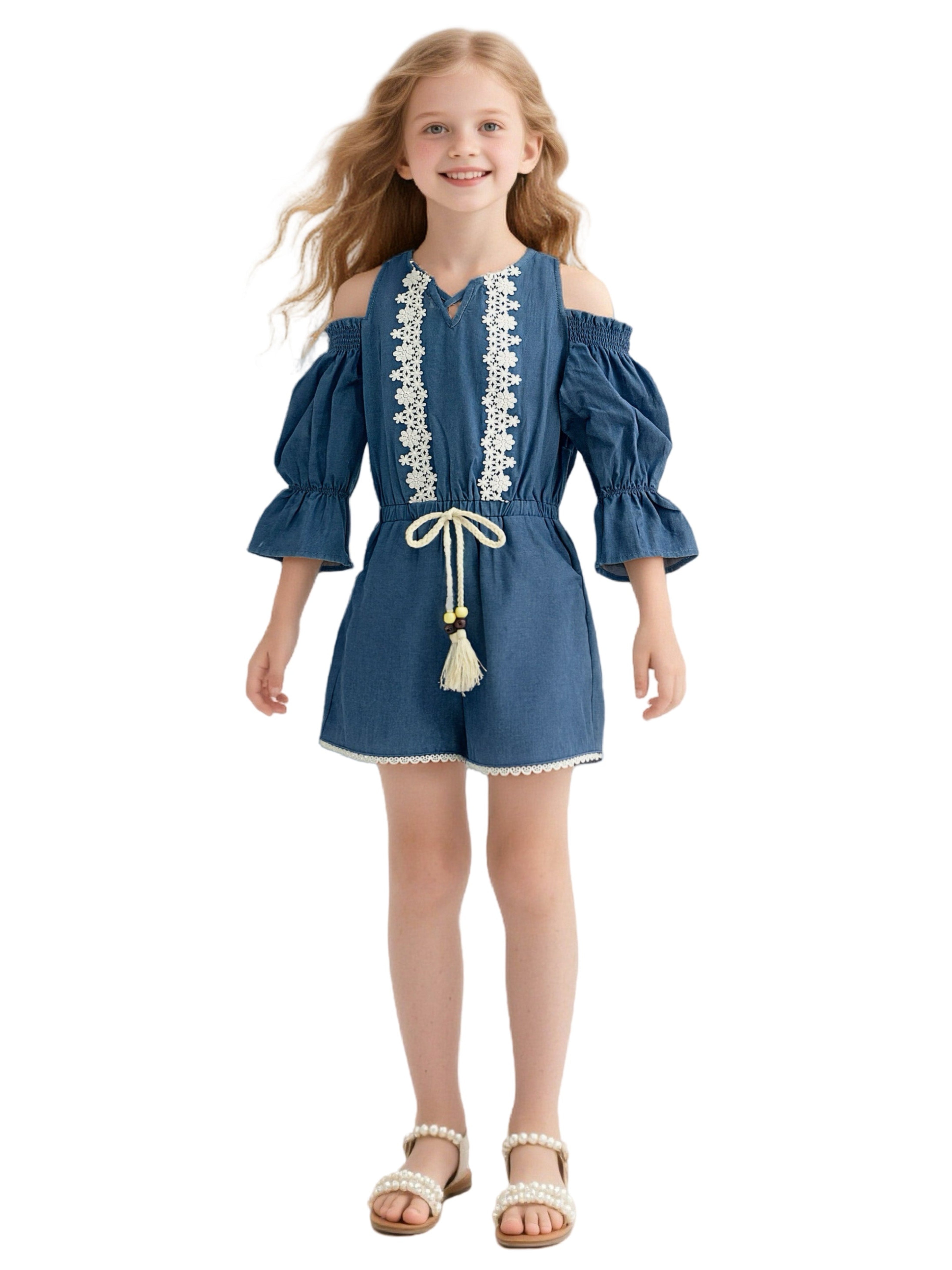 EDGY BUBBLE Girls Denim Cold Shoulder Romper – Boho Lace Trim Jumpsuit with Tassel Belt Blue