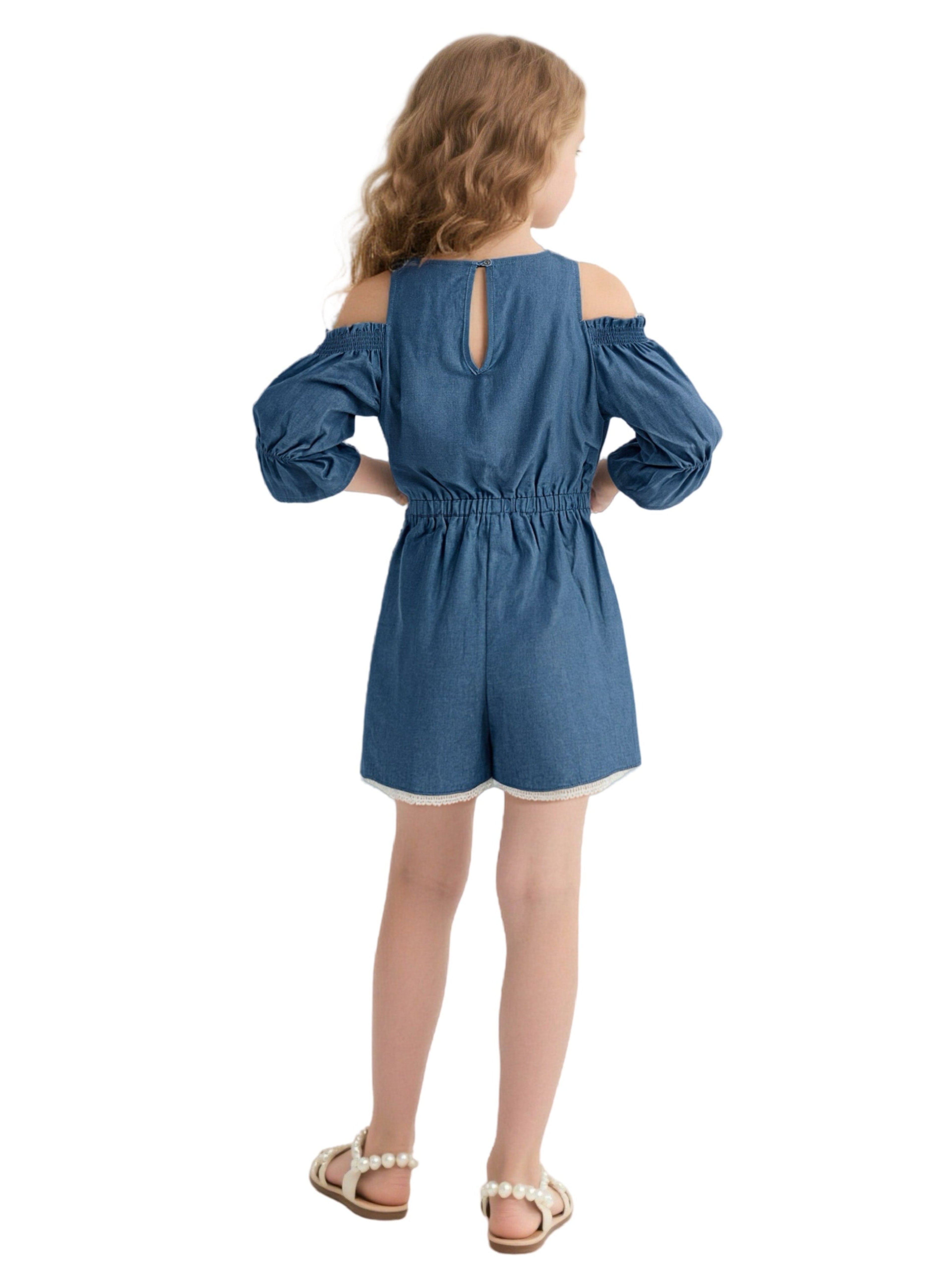 EDGY BUBBLE Girls Denim Cold Shoulder Romper – Boho Lace Trim Jumpsuit with Tassel Belt Blue