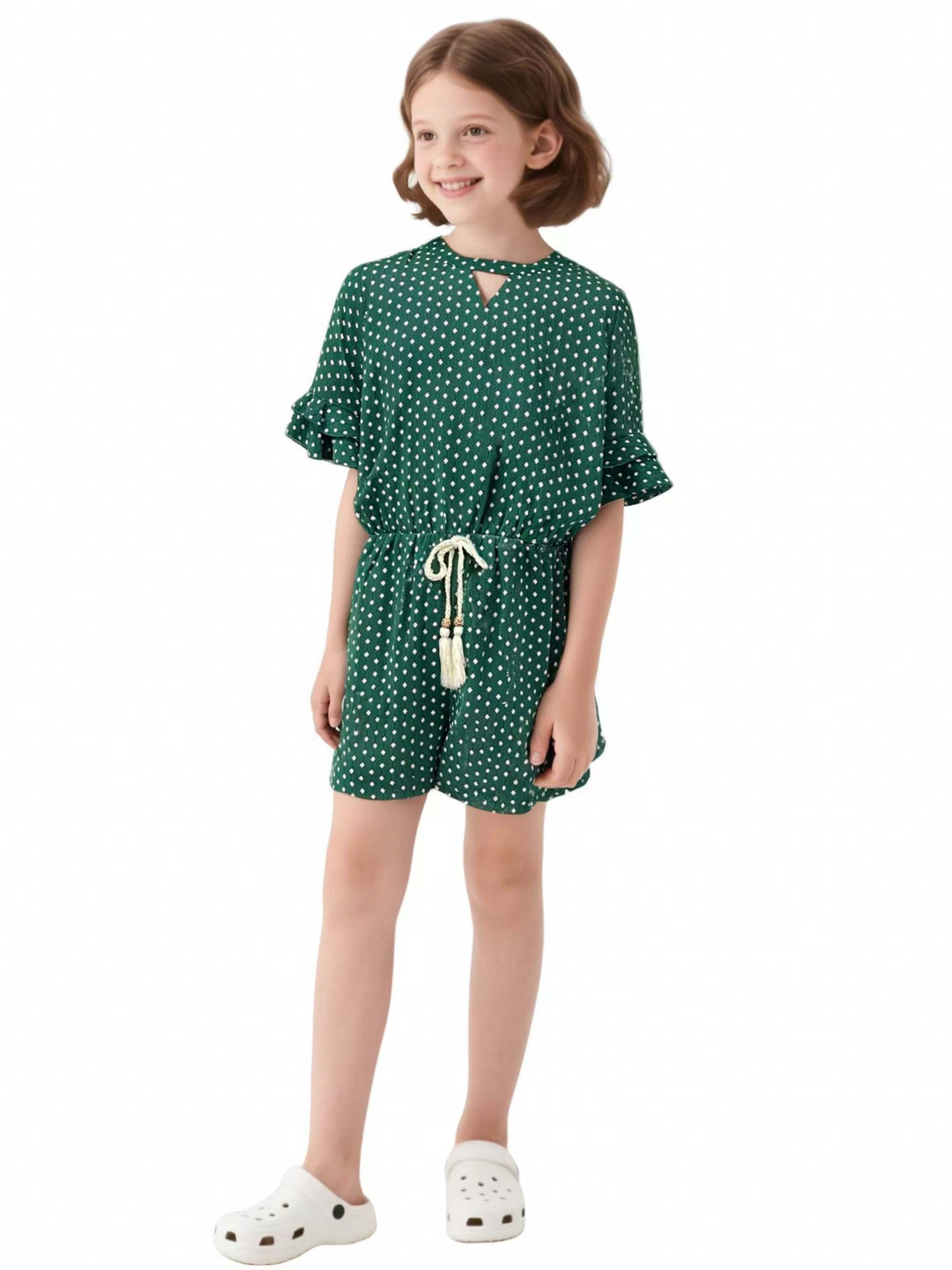 EDGY BUBBLE Girls Ruffle Sleeve Belted Romper – Green Printed Summer Playsuit for Kids & Tweens Emerald