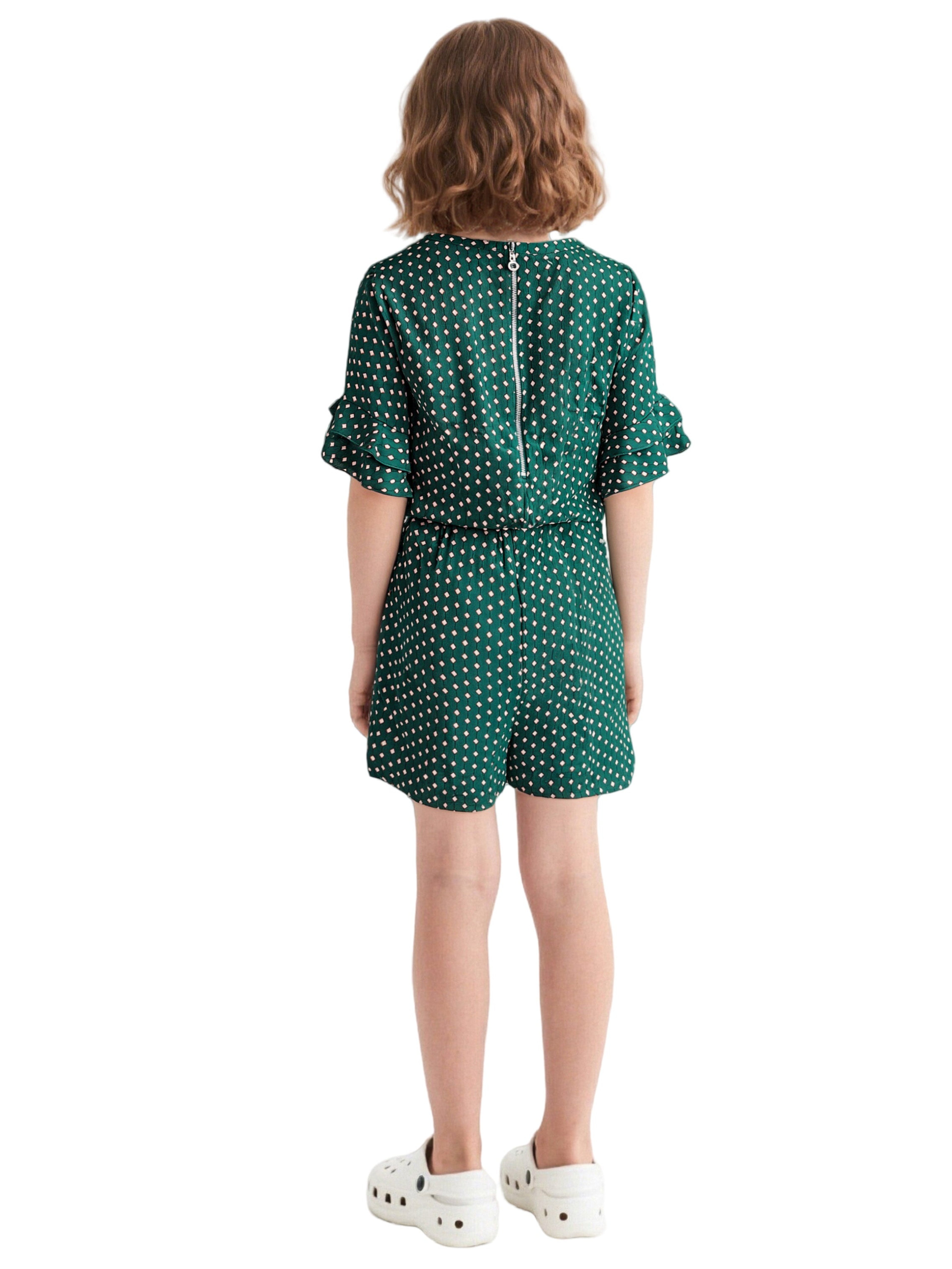 EDGY BUBBLE Girls Ruffle Sleeve Belted Romper – Green Printed Summer Playsuit for Kids & Tweens Emerald