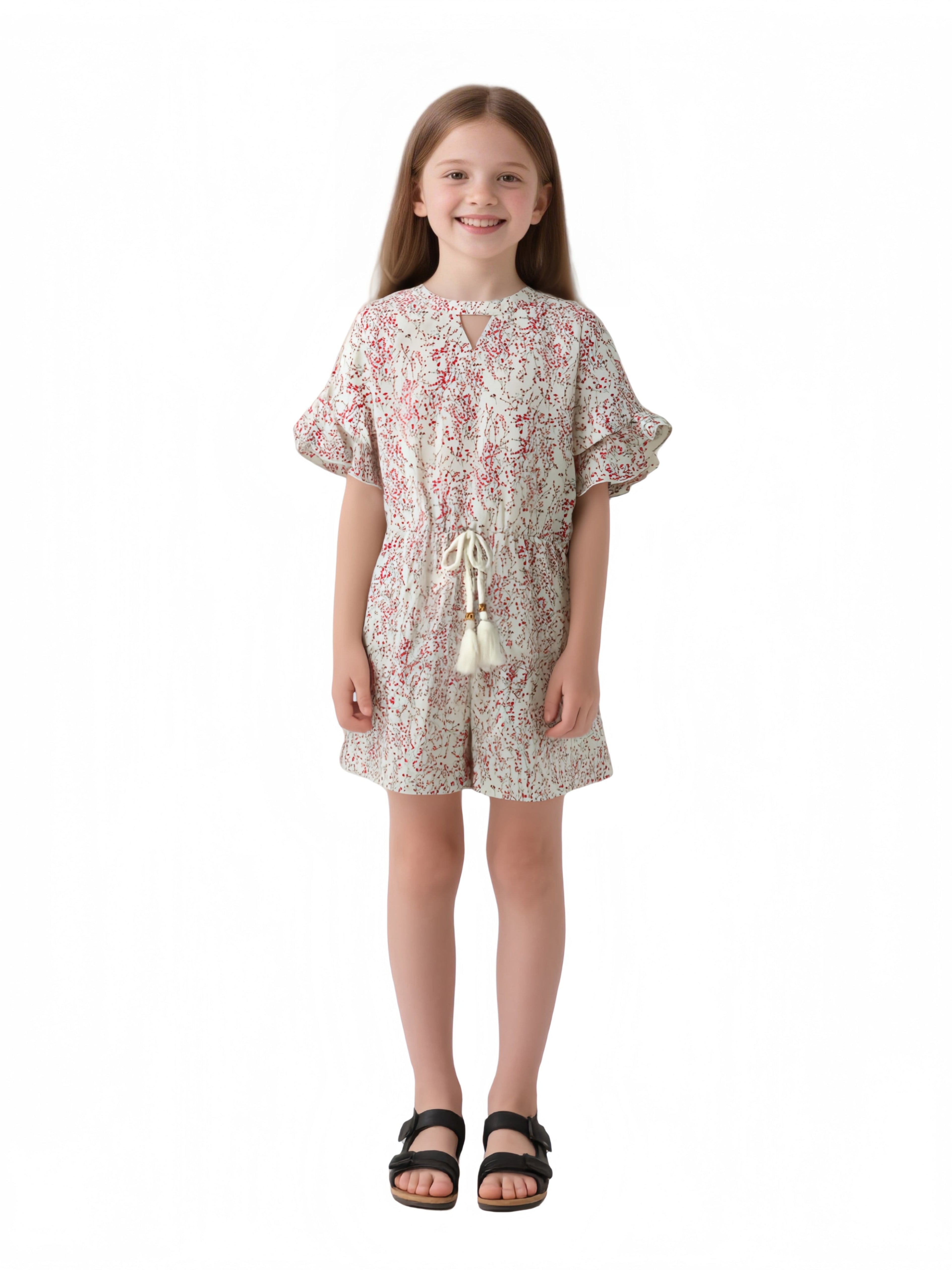 EDGY BUBLLE Girls Floral Ruffle Sleeve Romper – Belted Cream & Floral Playsuit with Back Zipper Ivory