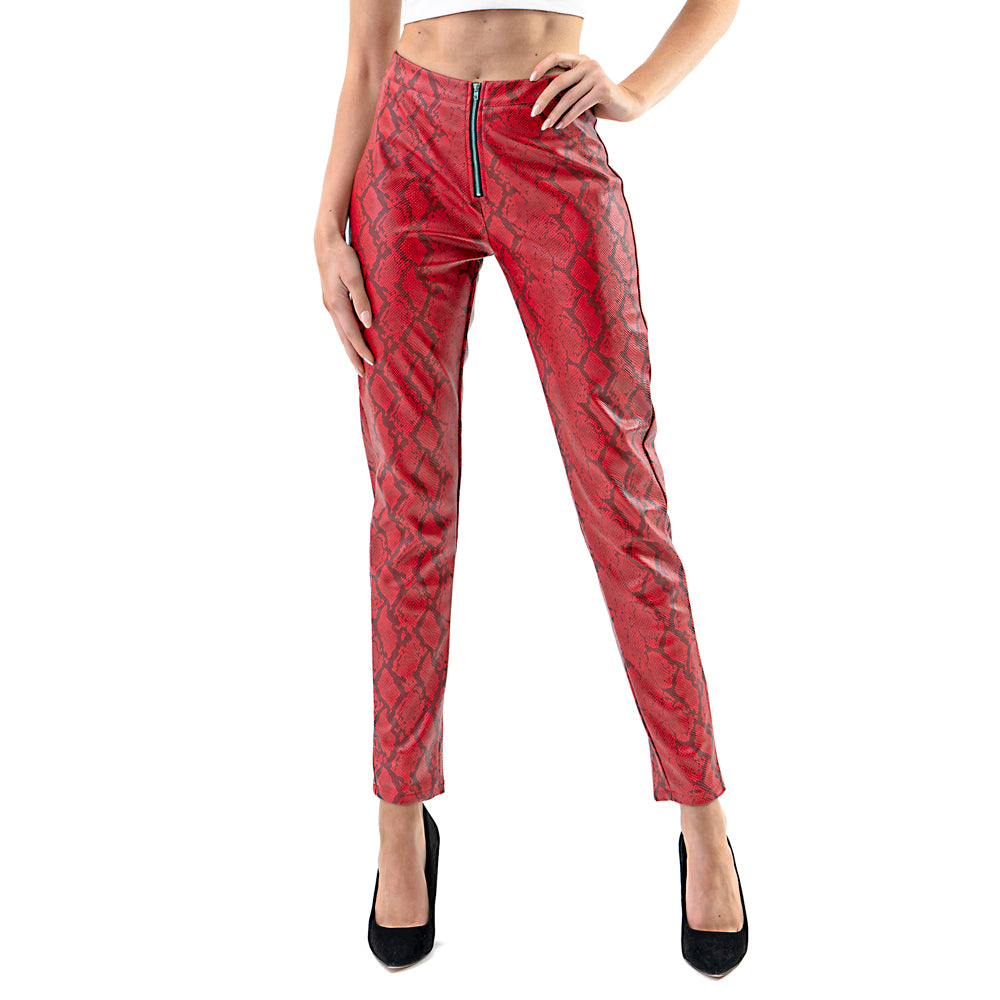 Women’s Snake Print Faux Leather Pants – High Waist Slim Fit Zipper Front Chic Party Holiday Pants