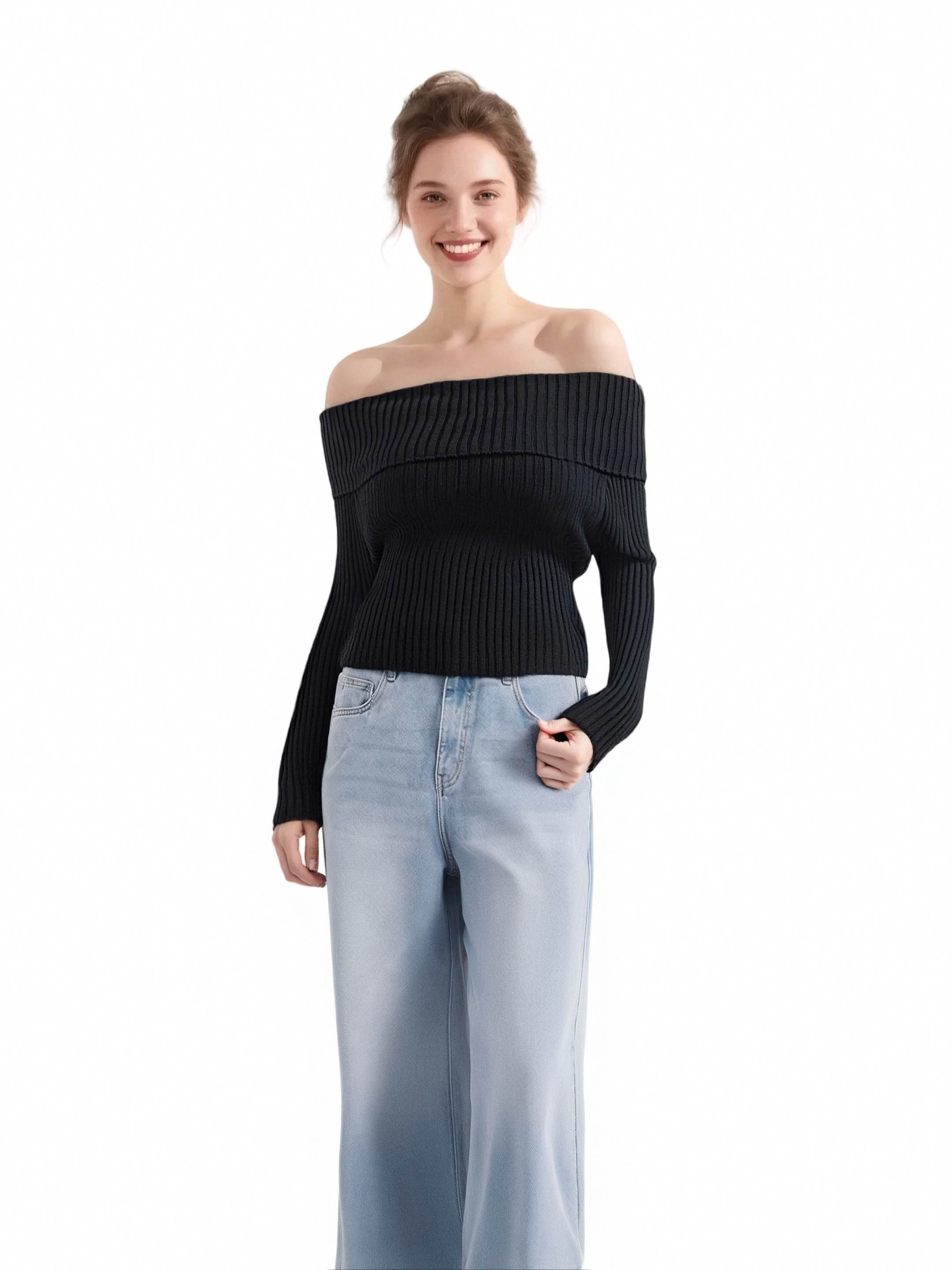 EDGY Land Off‑Shoulder Ribbed Knit Crop Top – Trendy Wide Collar Long Sleeve Sweater- black