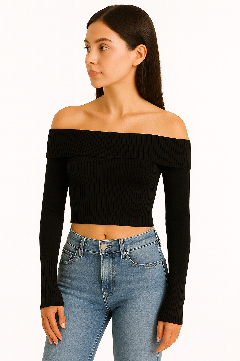 EDGY Land Off‑Shoulder Ribbed Knit Crop Top – Trendy Wide Collar Long Sleeve Sweater- black