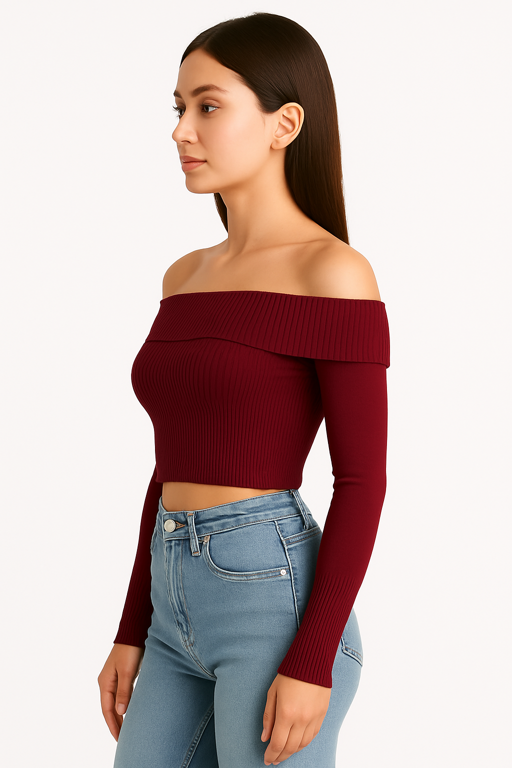 EDGY Land Off‑Shoulder Ribbed Knit Crop Top – Trendy Wide Collar Long Sleeve Sweater- black