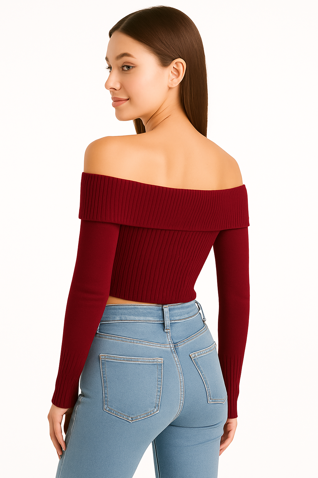 EDGY Land Off‑Shoulder Ribbed Knit Crop Top – Trendy Wide Collar Long Sleeve Sweater- black