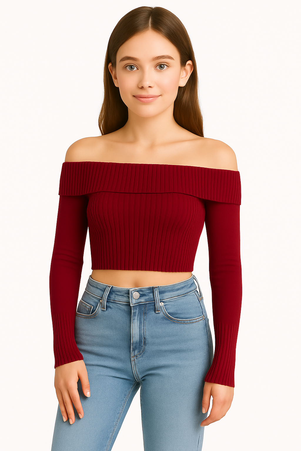 EDGY Land Off‑Shoulder Ribbed Knit Crop Top – Trendy Wide Collar Long Sleeve Sweater- black
