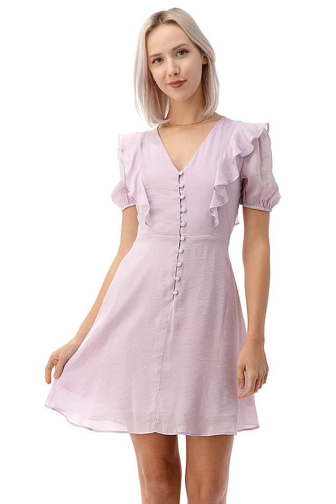 Button Down V-Neck Short Sleeve Ruffled Above-Knee A-Line Party 