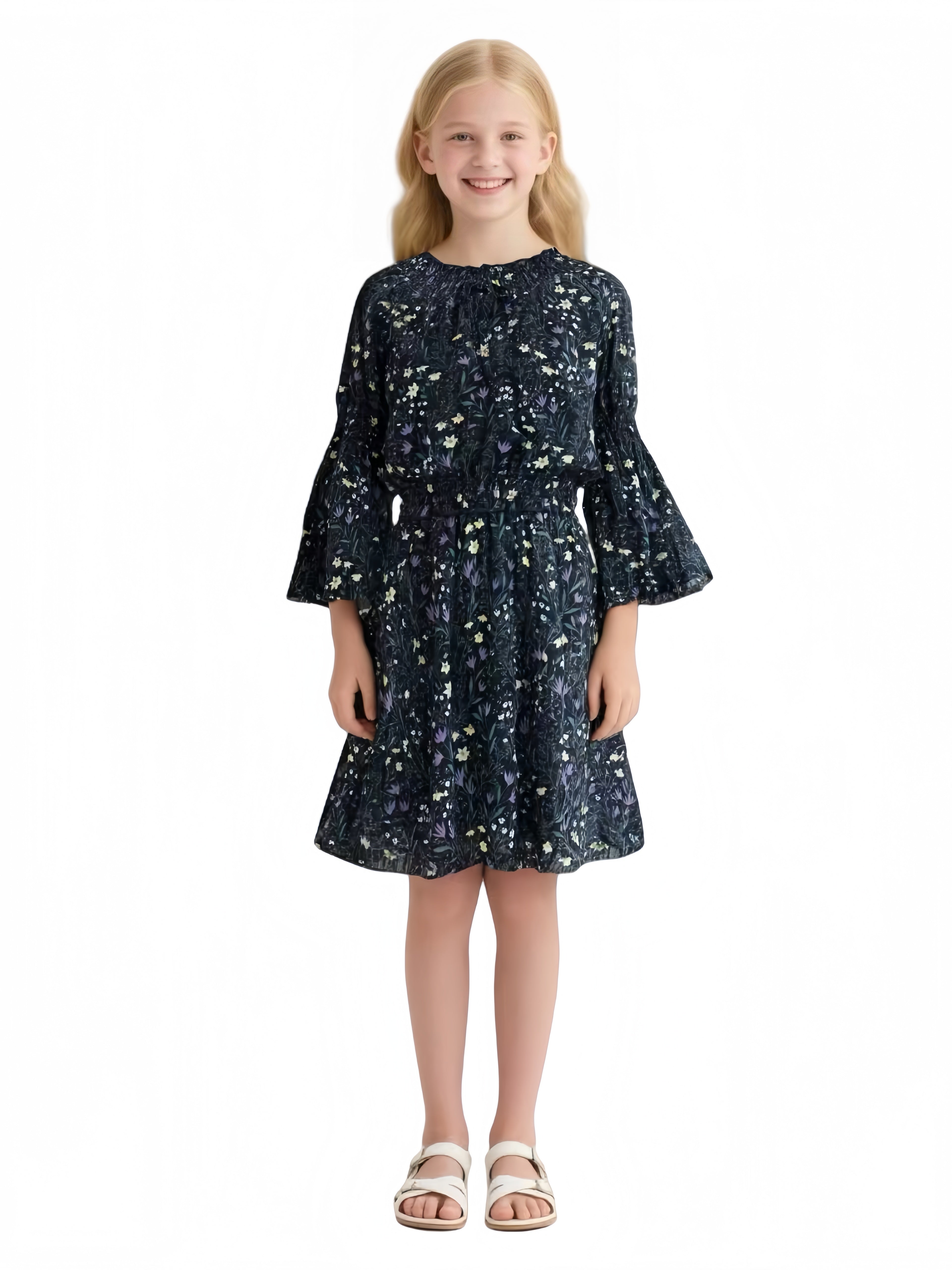 EDGY BUBBLE Girls’ Floral Smocked Dress – 3/4 Sleeve Casual Party Outfit for Back to School, Holidays & Special Occasions Navy