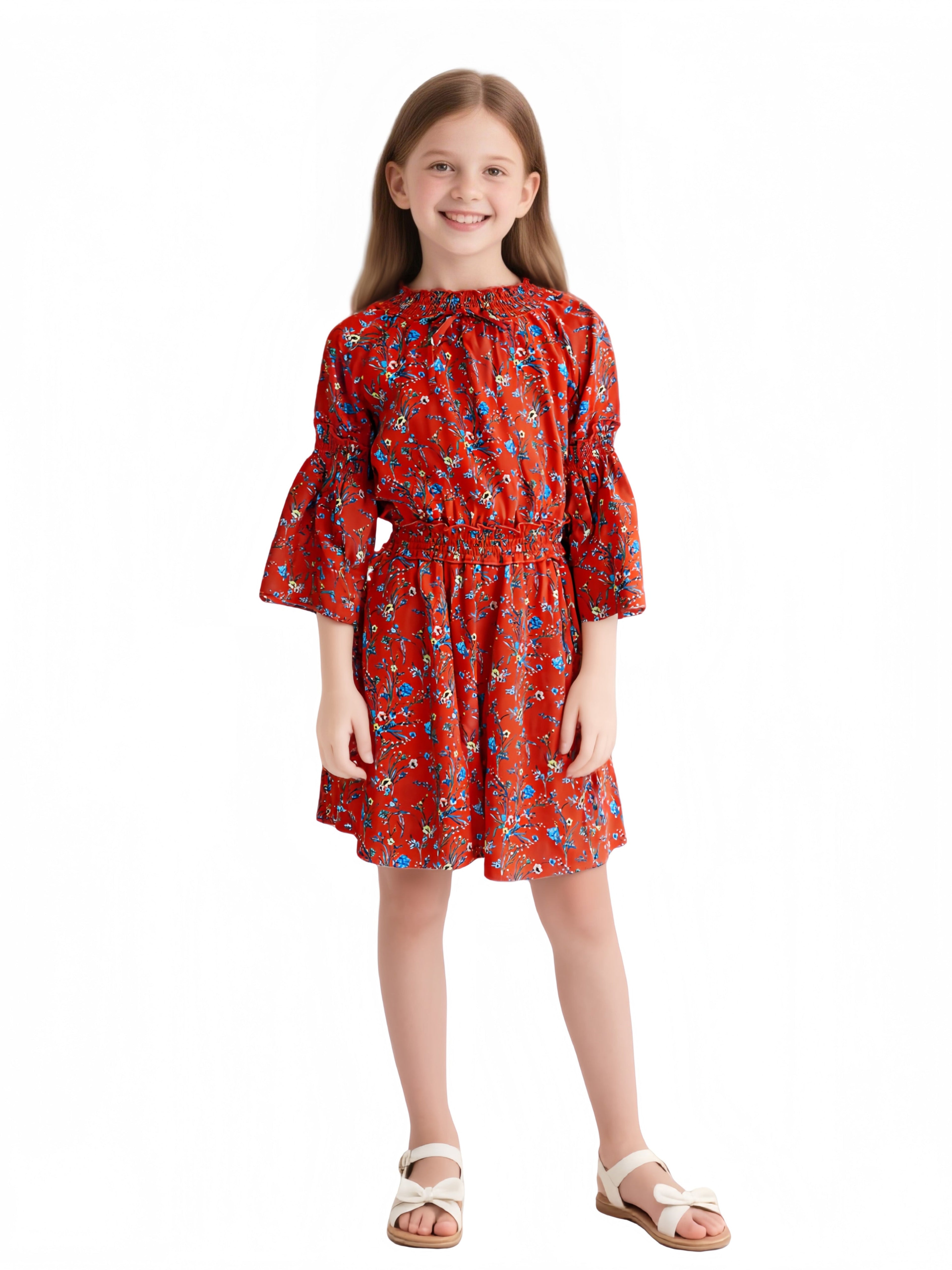 EDGY BUBBLE Girls Floral Dress – Smocked Waist 3/4 Sleeve Casual Midi Outfit Cherry Red