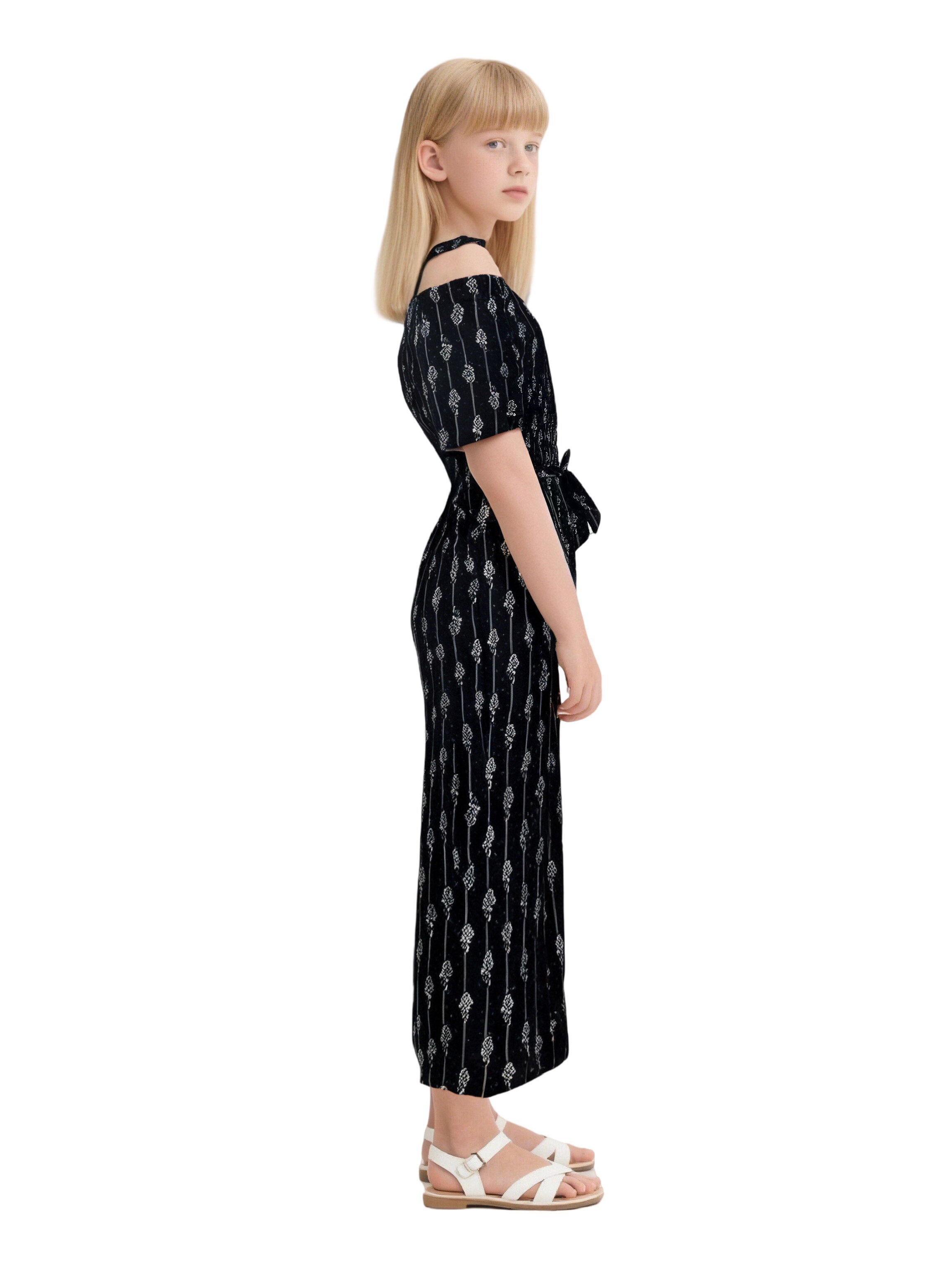 EDGY BUBBLE Girls' Shoulder Cut-Out Belted Jumpsuit – Chic Wide-Leg Style Black