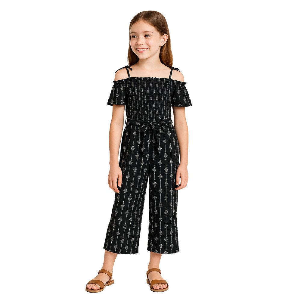 EDGY BUBBLE Girls' Shoulder Cut-Out Belted Jumpsuit – Chic Wide-Leg Style Black