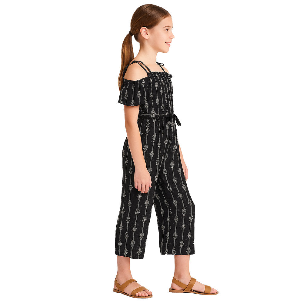 EDGY BUBBLE Girls' Shoulder Cut-Out Belted Jumpsuit – Chic Wide-Leg Style Black