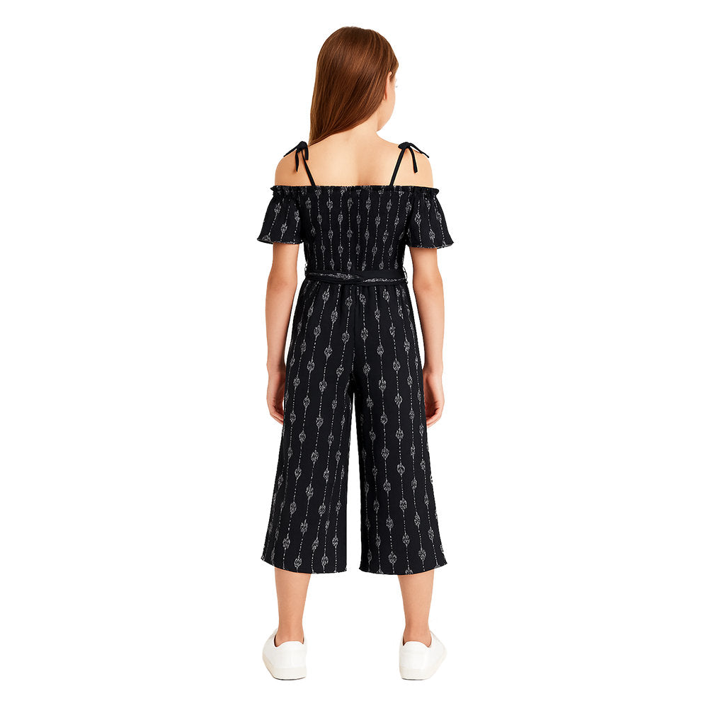 EDGY BUBBLE Girls' Shoulder Cut-Out Belted Jumpsuit – Chic Wide-Leg Style Black
