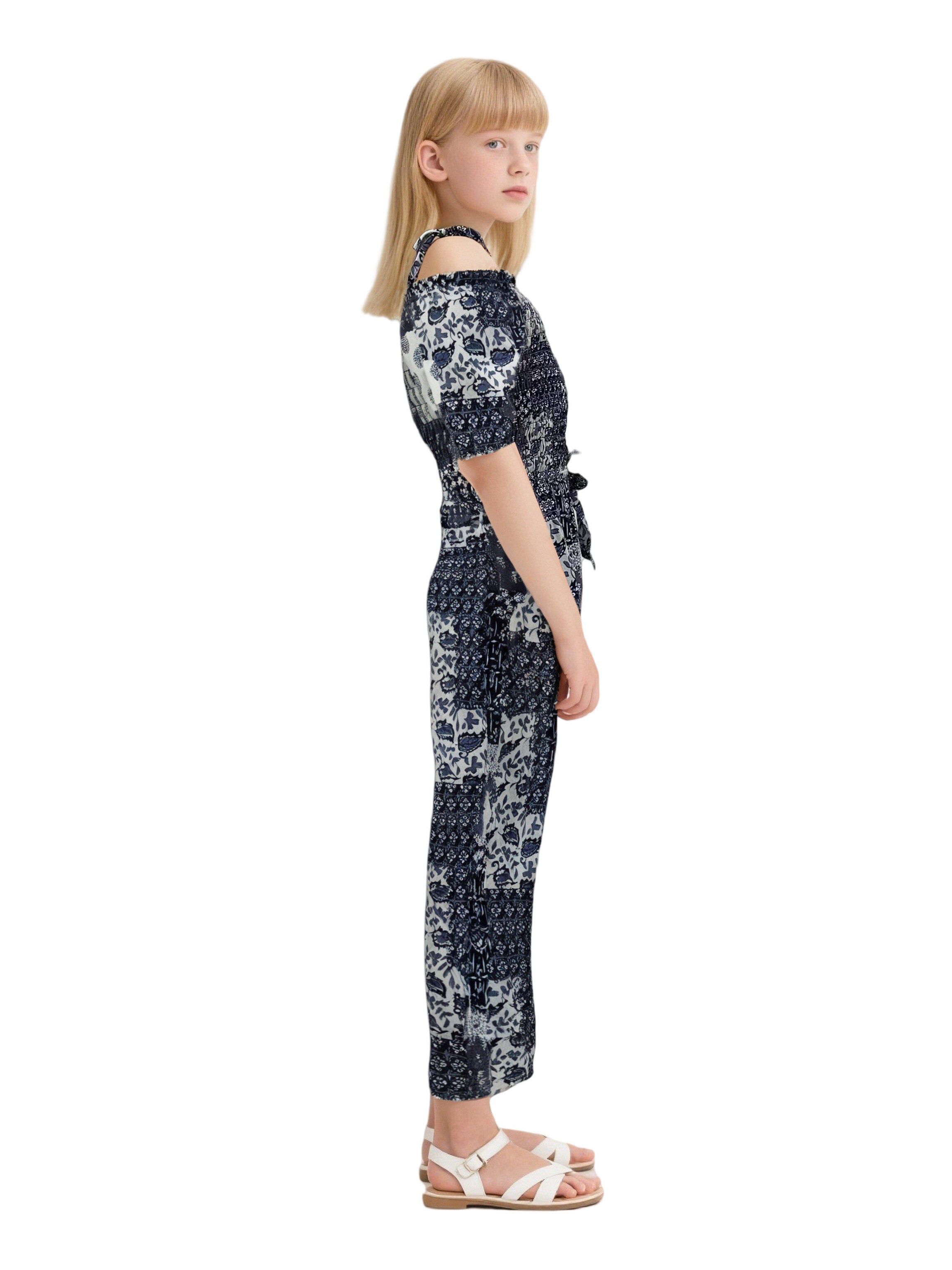 EDGY BUBBLE Girls Smocked Patchwork Jumpsuit – Boho Strappy Wide-Leg Summer Outfit Indigo