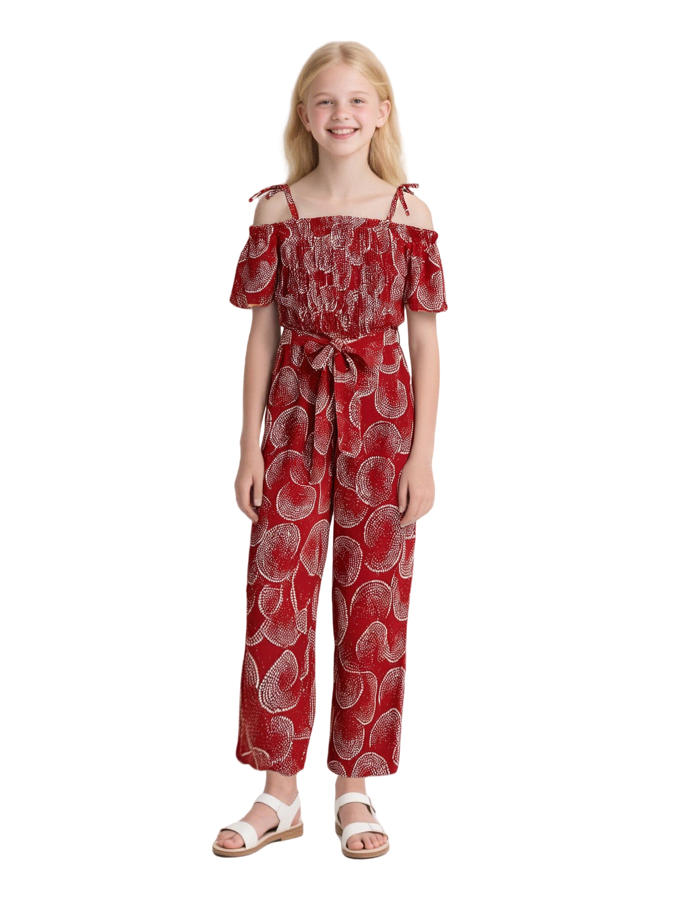 EDGY BUBBLE Girls Off-Shoulder Smocked Jumpsuit – Wide-Leg Belted Boho Summer Outfit Crimson
