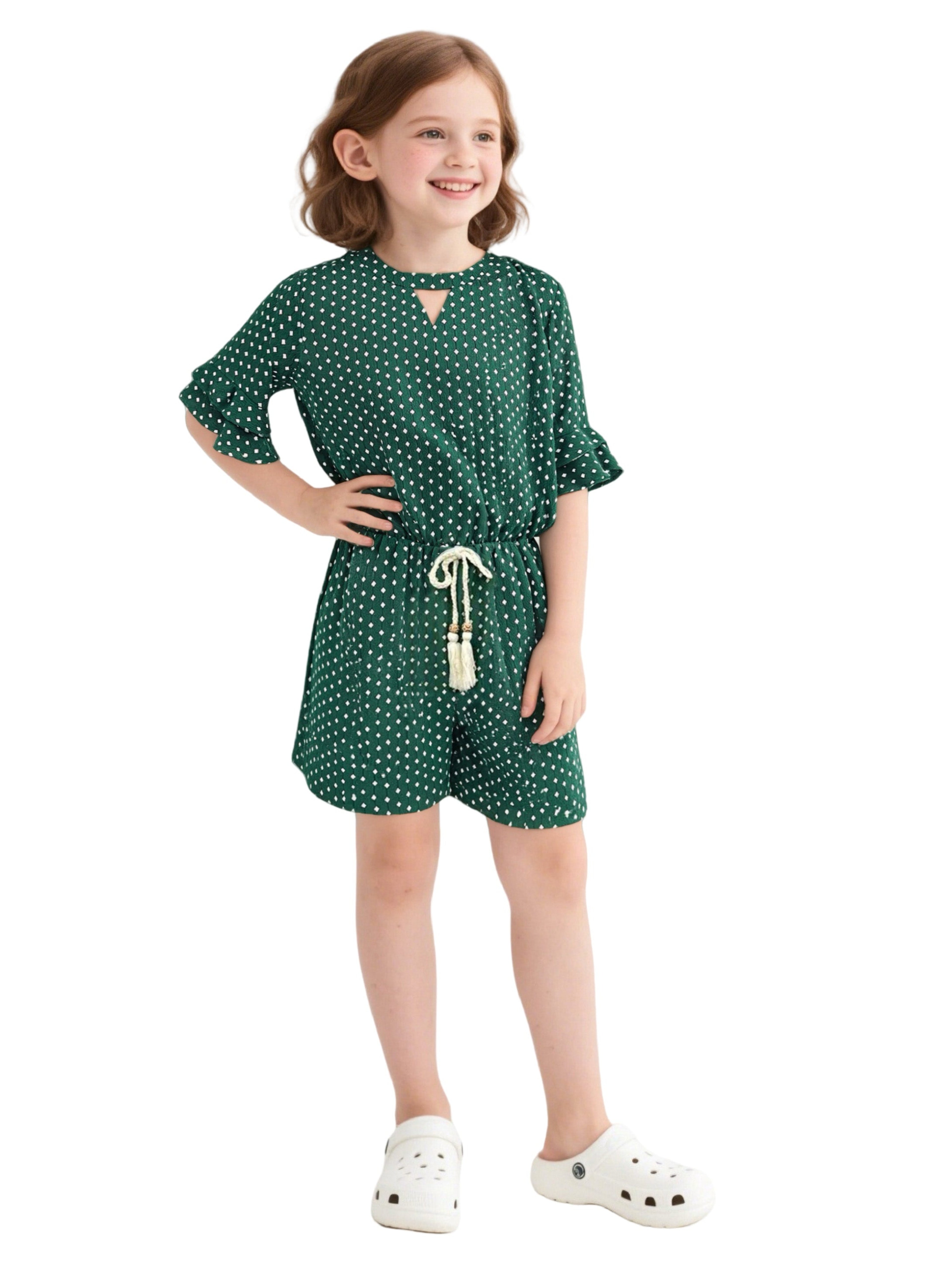 EDGY BUBBLE Girls Ruffle Sleeve Belted Romper – Green Printed Summer Playsuit for Kids & Tweens Emerald