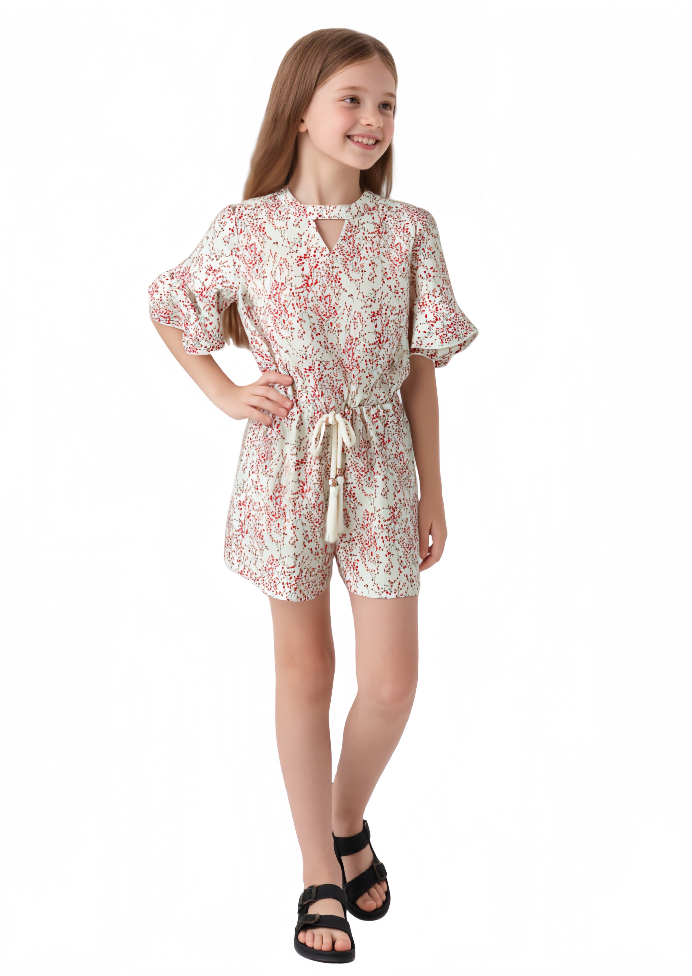 EDGY BUBLLE Girls Floral Ruffle Sleeve Romper – Belted Cream & Floral Playsuit with Back Zipper Ivory