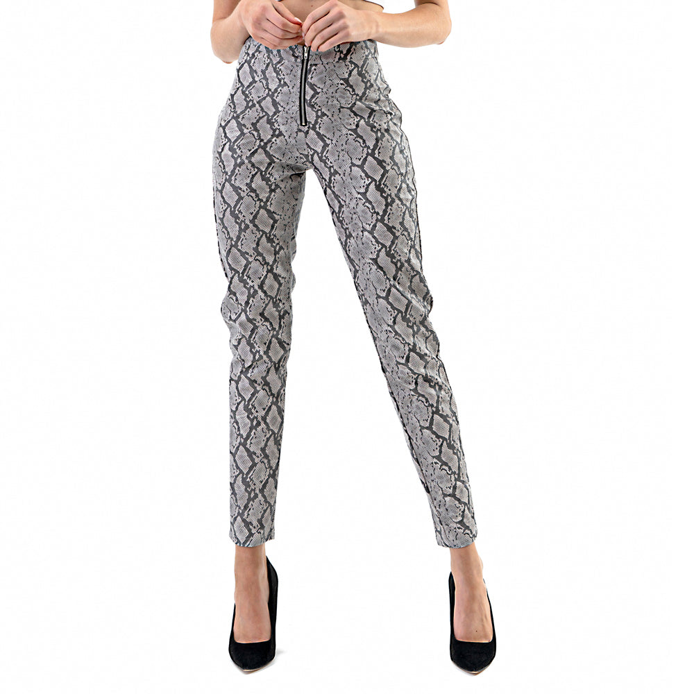 Women’s Snake Print Faux Leather Pants – High Waist Slim Fit Zipper Front Trousers- Gray