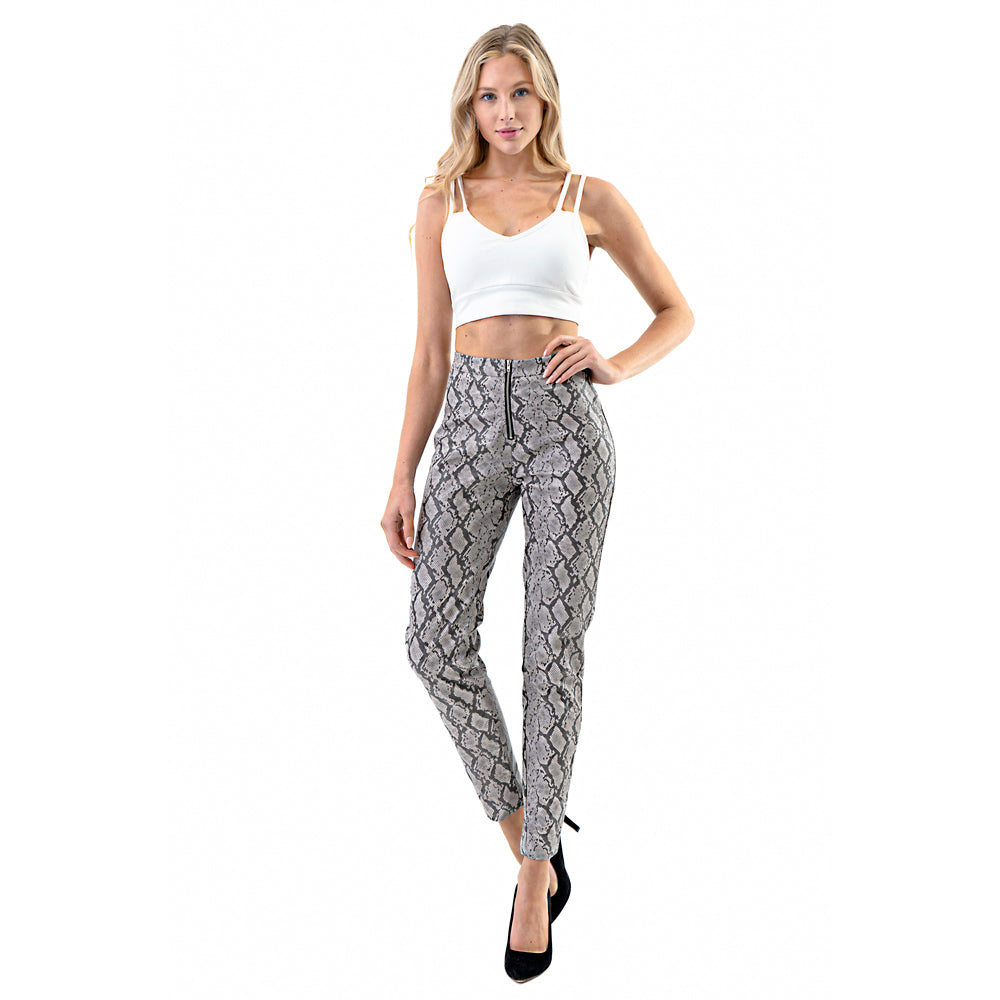Women’s Snake Print Faux Leather Pants – High Waist Slim Fit Zipper Front Trousers- Gray