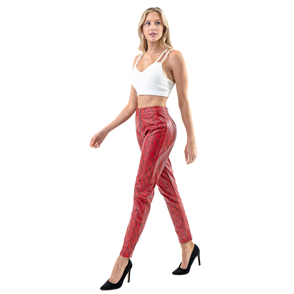 Women’s Snake Print Faux Leather Pants – High Waist Slim Fit Zipper Front Trousers- Gray