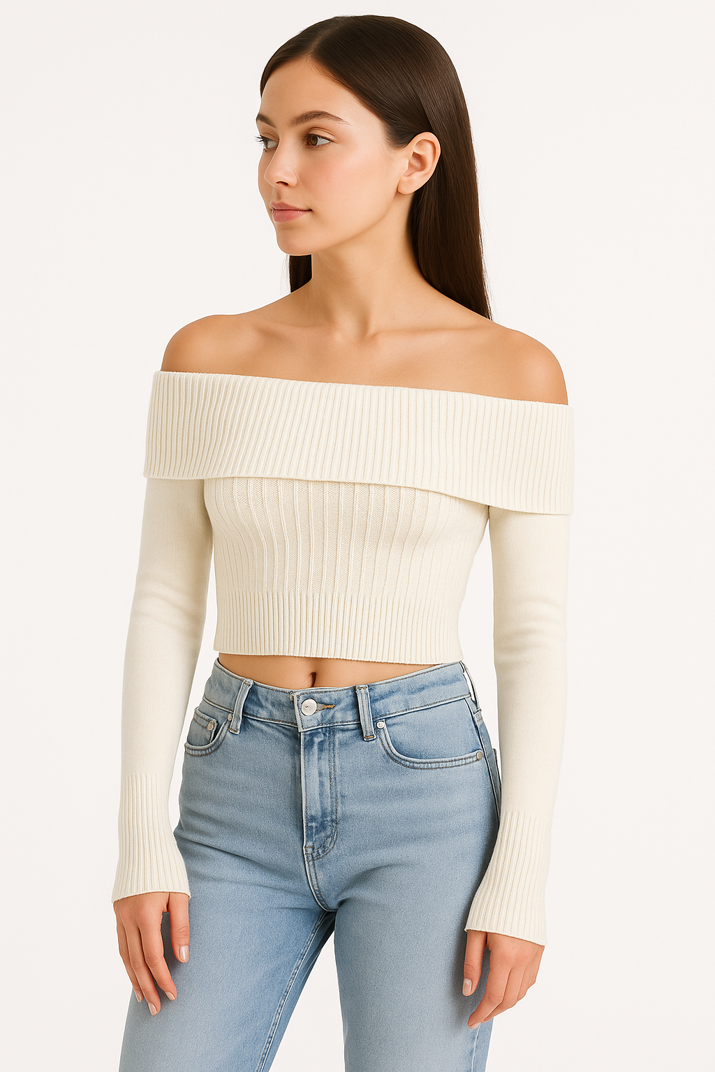 EDGY Land Off‑Shoulder Ribbed Knit Crop Top – Trendy Wide Collar Long Sleeve Sweater- black