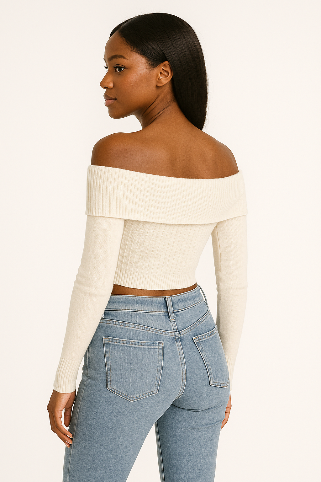 EDGY Land Off‑Shoulder Ribbed Knit Crop Top – Trendy Wide Collar Long Sleeve Sweater- black