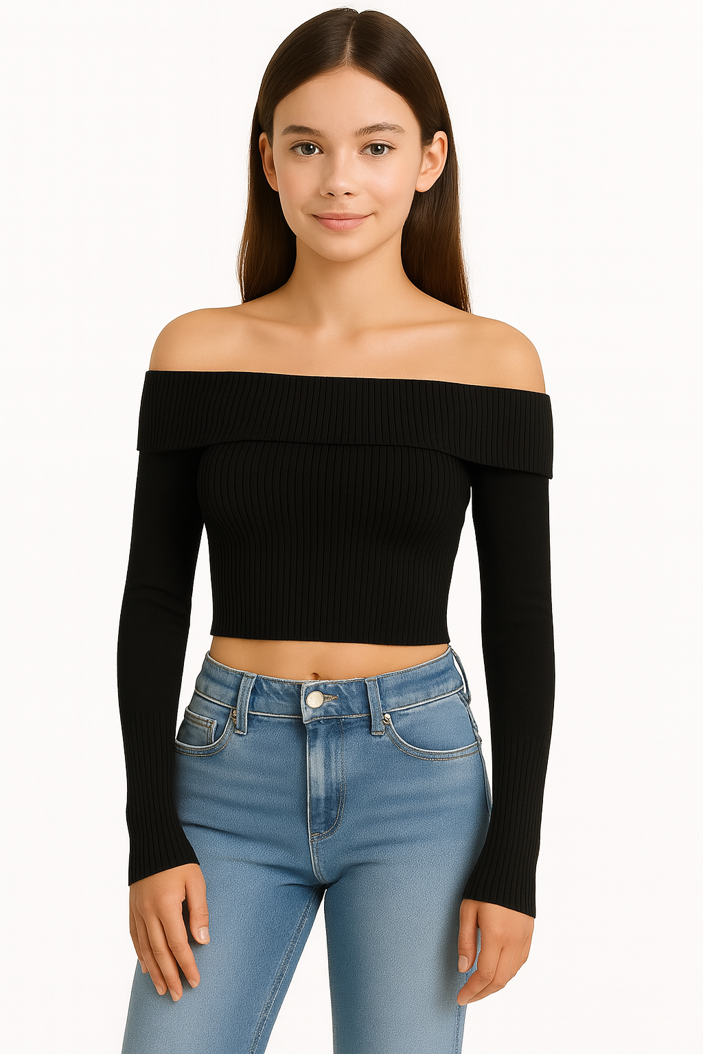 EDGY Land Off‑Shoulder Ribbed Knit Crop Top – Trendy Wide Collar Long Sleeve Sweater- black