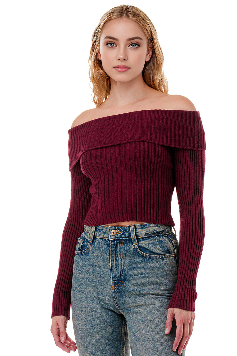 Off‑Shoulder Ribbed Knit Crop Top – Trendy Wide Collar Long Sleeve Sweater