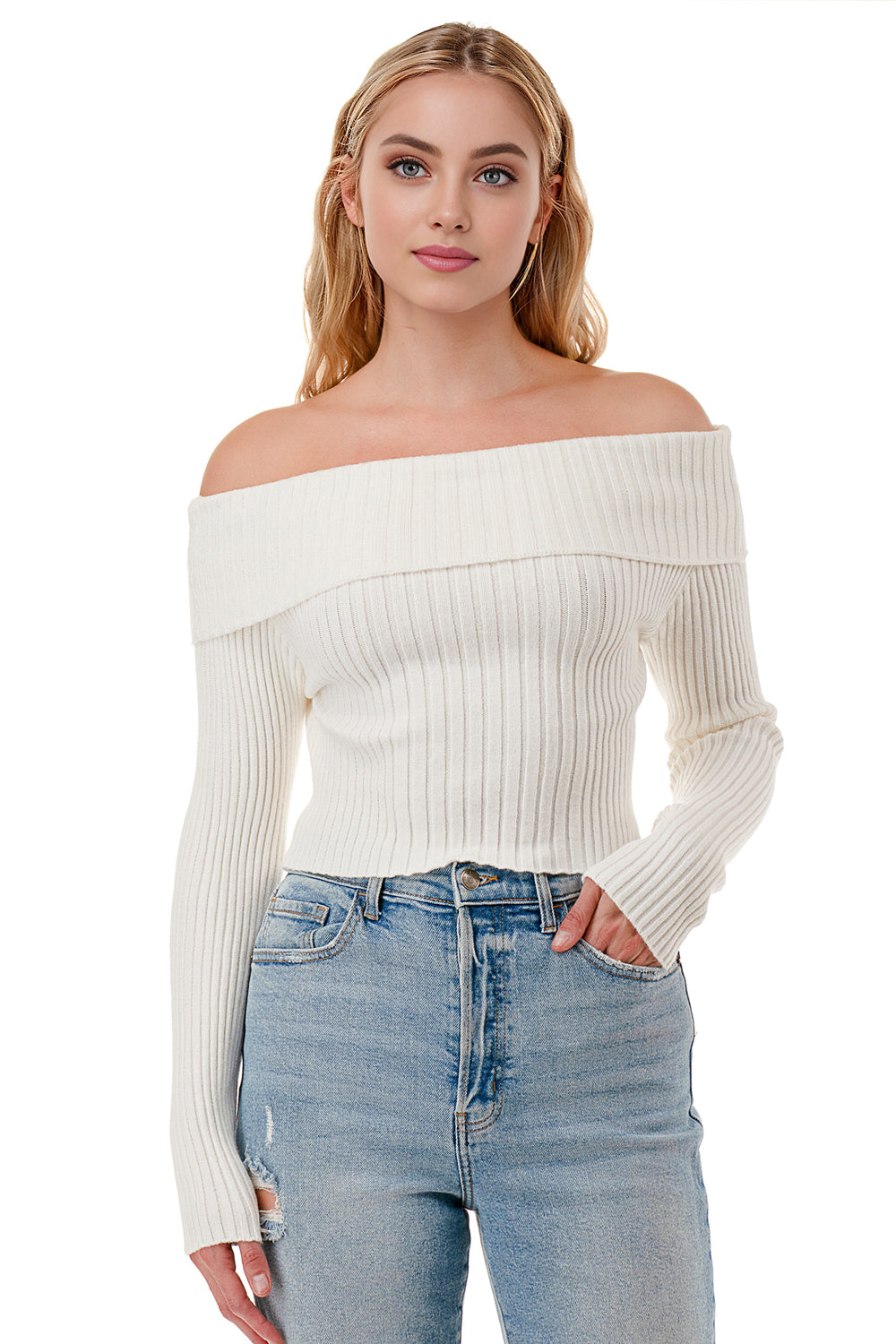 Off‑Shoulder Ribbed Knit Crop Top – Trendy Wide Collar Long Sleeve Sweater