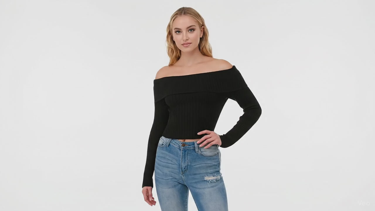 Off‑Shoulder Ribbed Knit Crop Top – Trendy Wide Collar Long Sleeve Sweater
