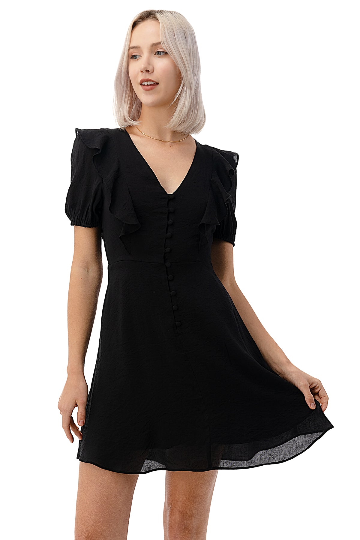 EDGY Land Girl's and Women's Button Down V-Neck Short Sleeve Ruffled Above-Knee A-Line Party Dress