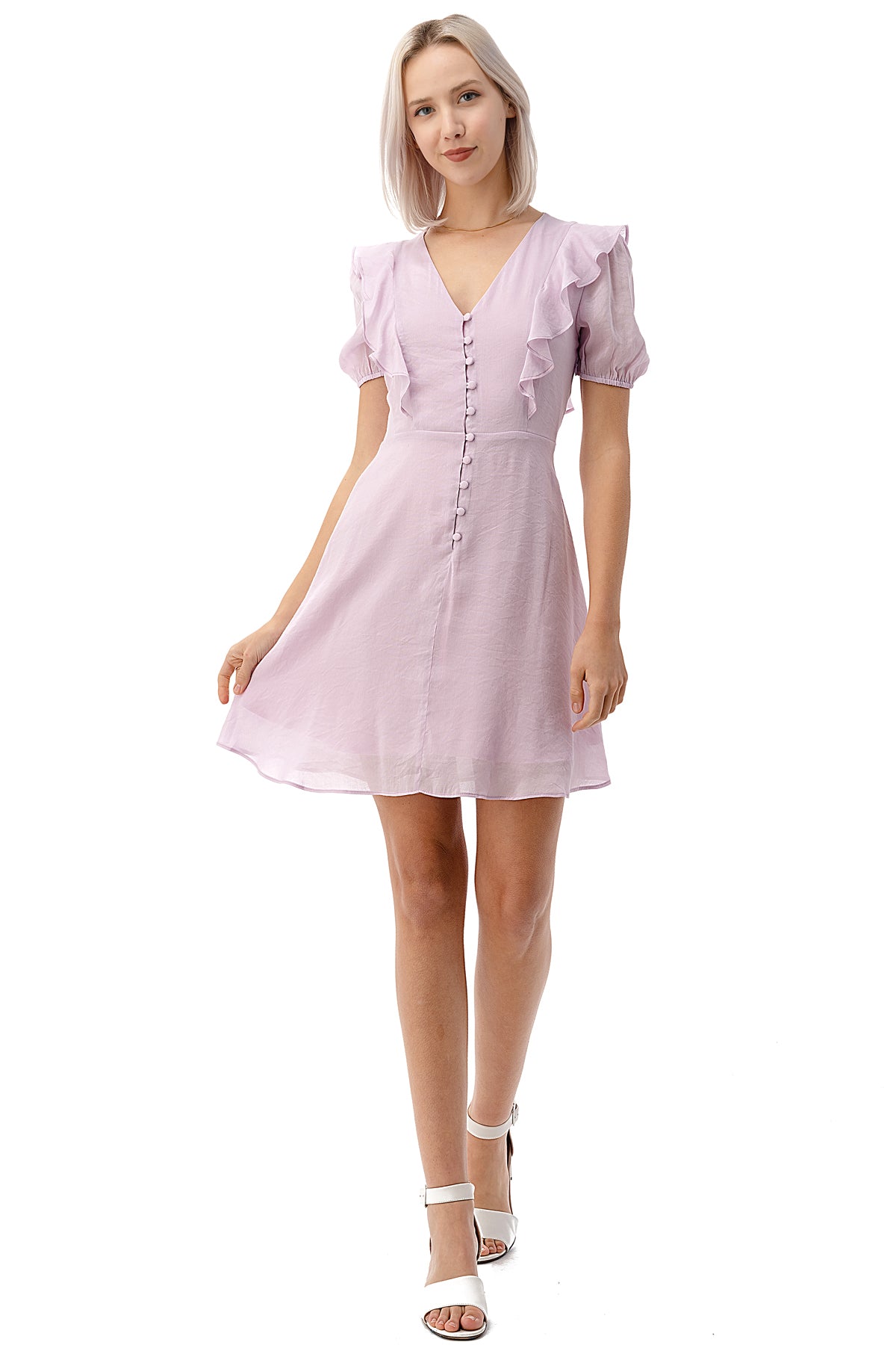 EDGY Land Girl's and Women's Button Down V-Neck Short Sleeve Ruffled Above-Knee A-Line Party Dress