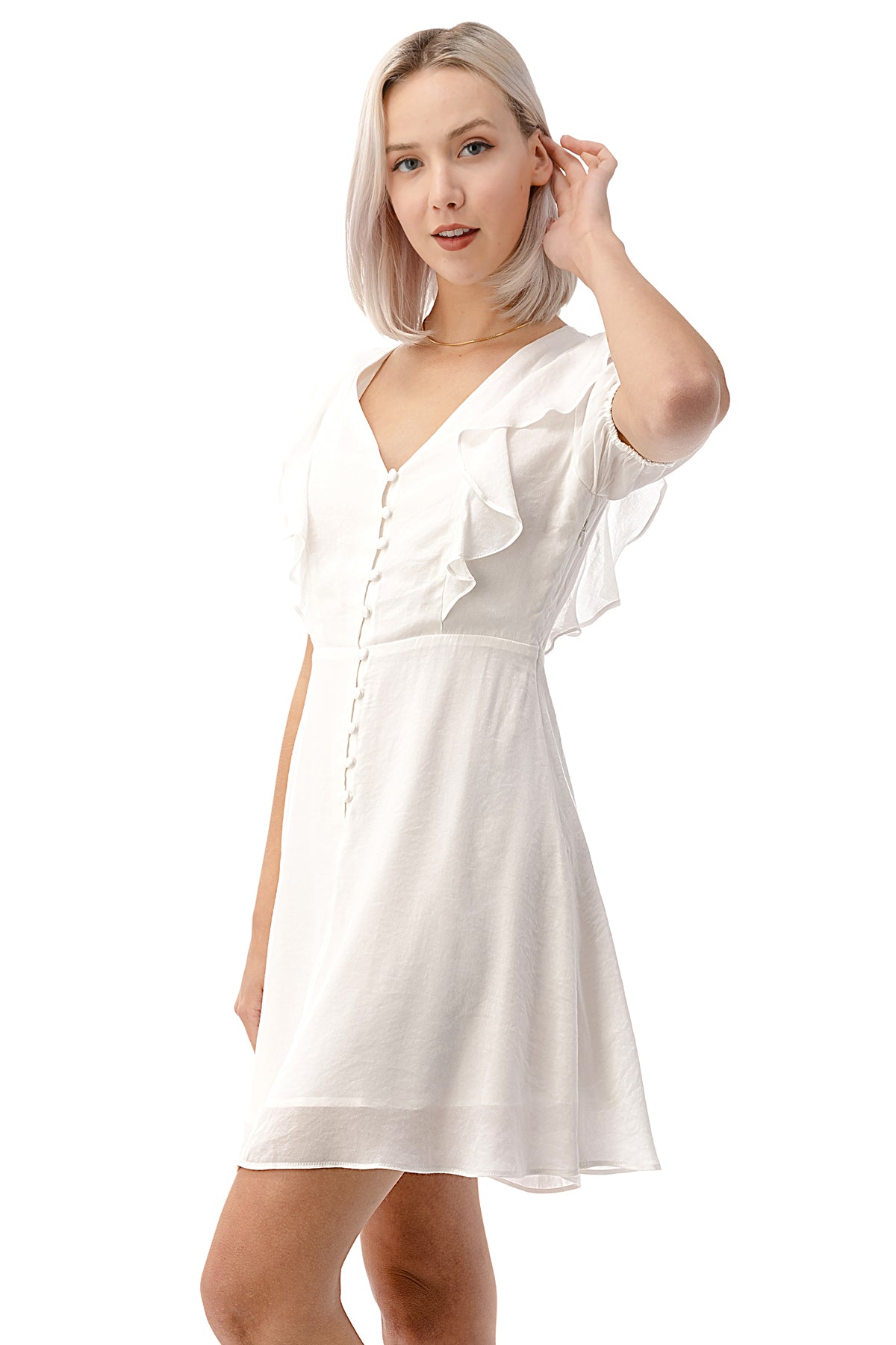 Button Down Dress Sleeve Short Above-Knee Ruffled A-Line Party EDGY Land – V-Neck