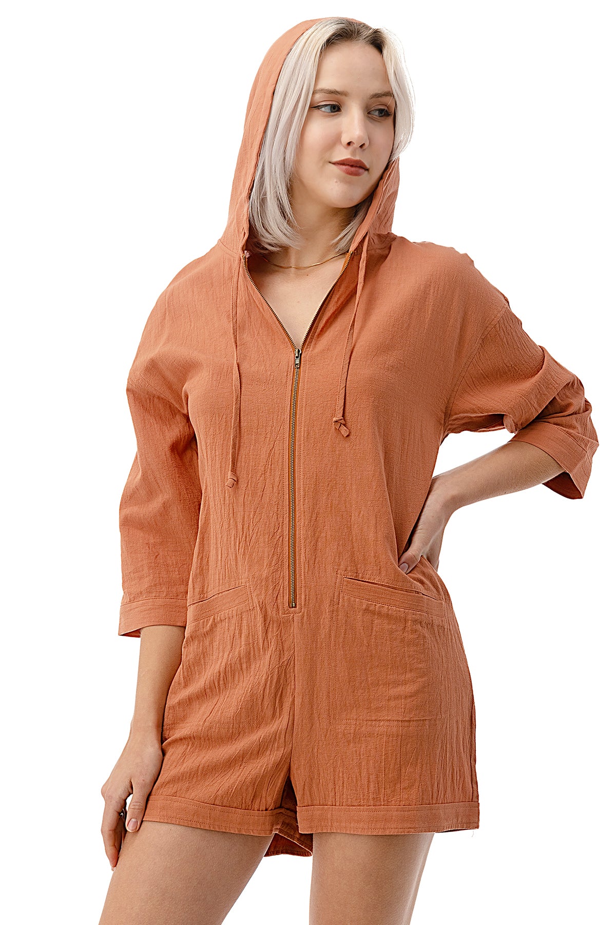 EDGY Land Girl's and Women's Casual 3/4 Sleeve ZiPPEr Up Welt Pockets Hooded Romper