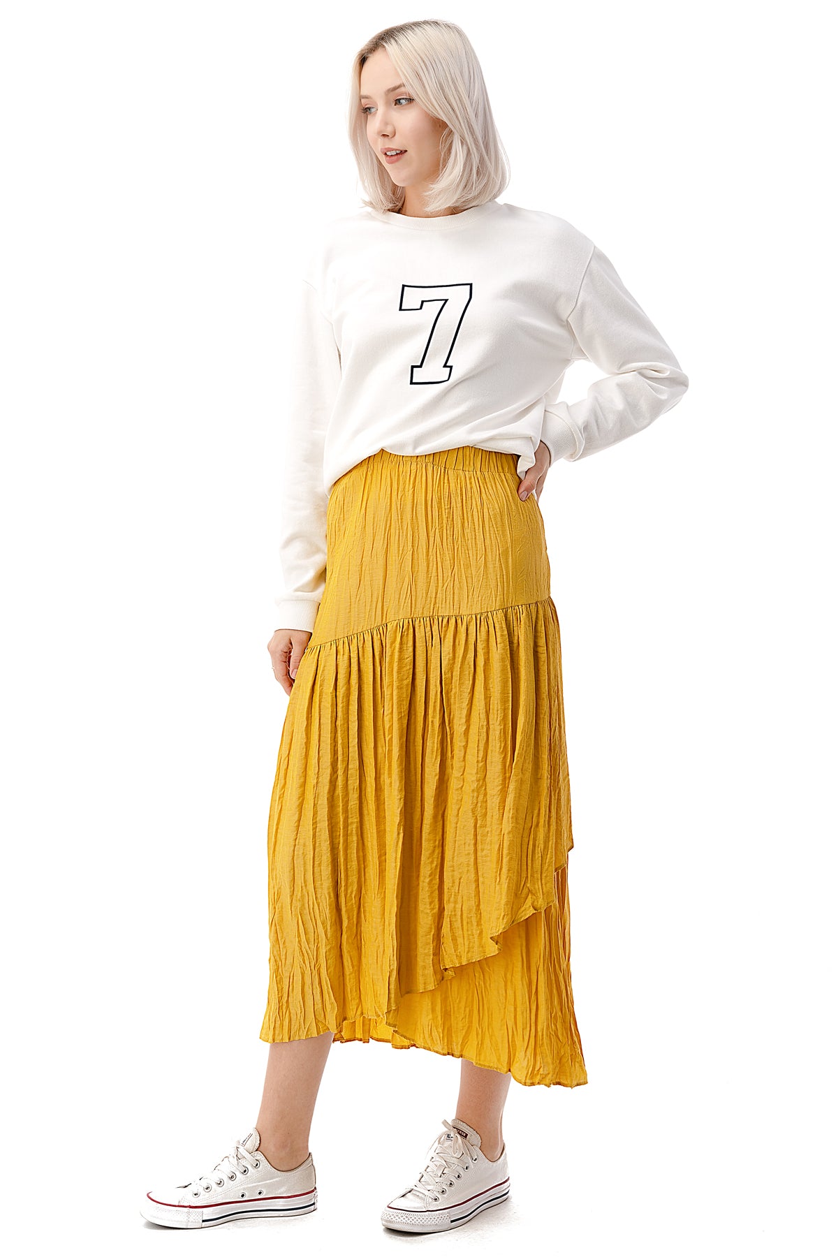 EDGY Land Girl's and Women's High Waist Over Lap Bias Seam Shirred Midi Flowy Skirt