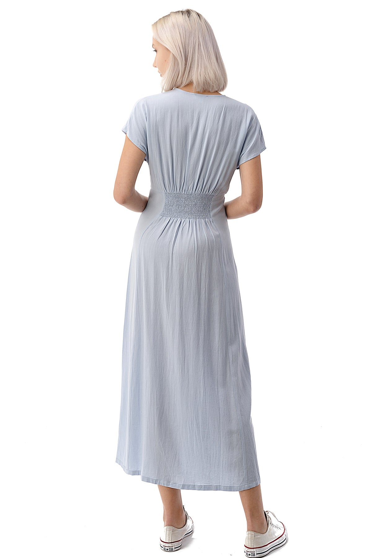 EDGY Land Girl's and Women's Cap Sleeve V-Neck Button Down Self Tie Waist Smocked Flowey Tea-length Dress