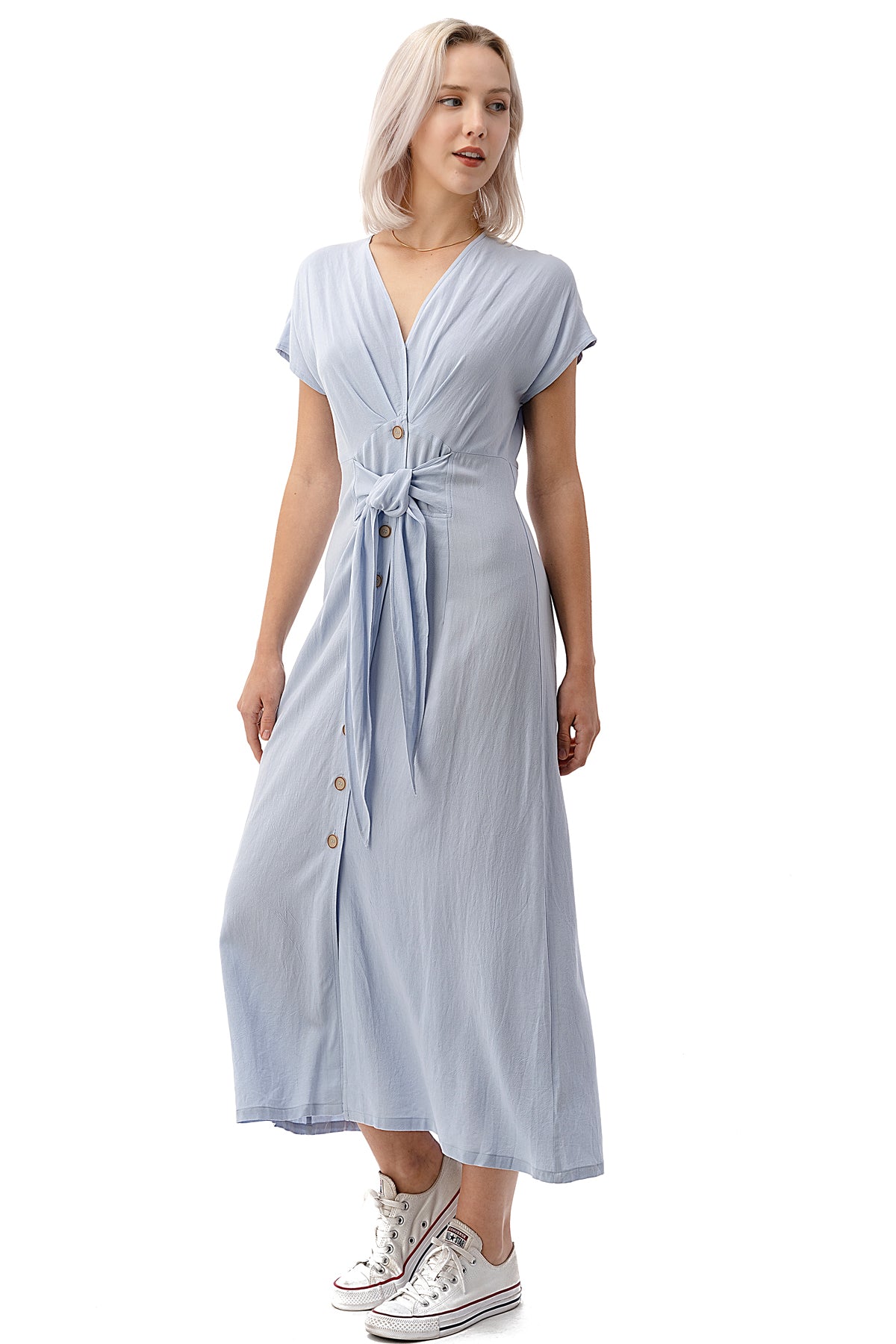 EDGY Land Girl's and Women's Cap Sleeve V-Neck Button Down Self Tie Waist Smocked Flowey Tea-length Dress
