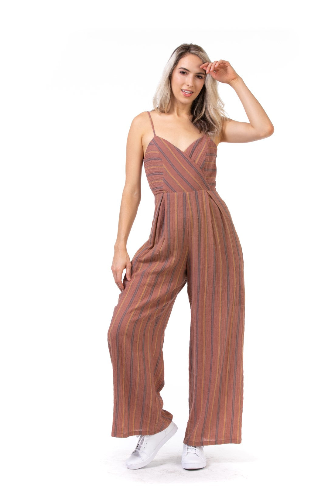 EDGY Land Girl's and Women's Cami High Waist Wrap Over Slit Pocket Pleated Stripe Tank Jumpsuit