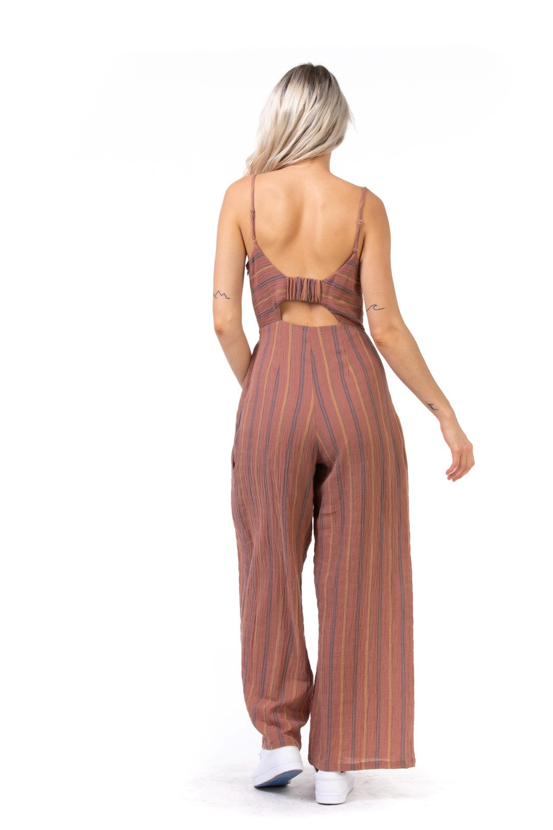 EDGY Land Girl's and Women's Cami High Waist Wrap Over Slit Pocket Pleated Stripe Tank Jumpsuit